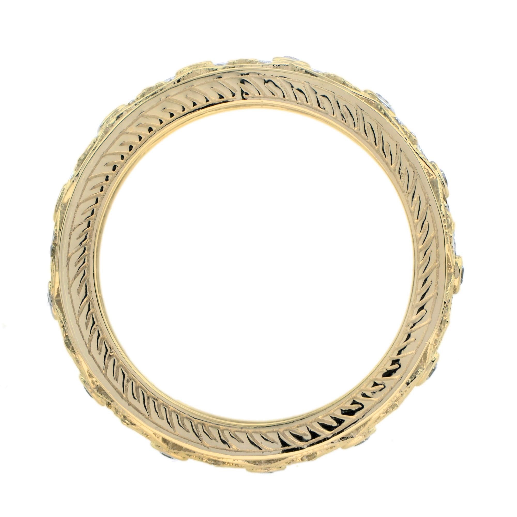 Art Deco Style Diamond Floral Filigree Eternity Band Ring in 14K Yellow Gold 3