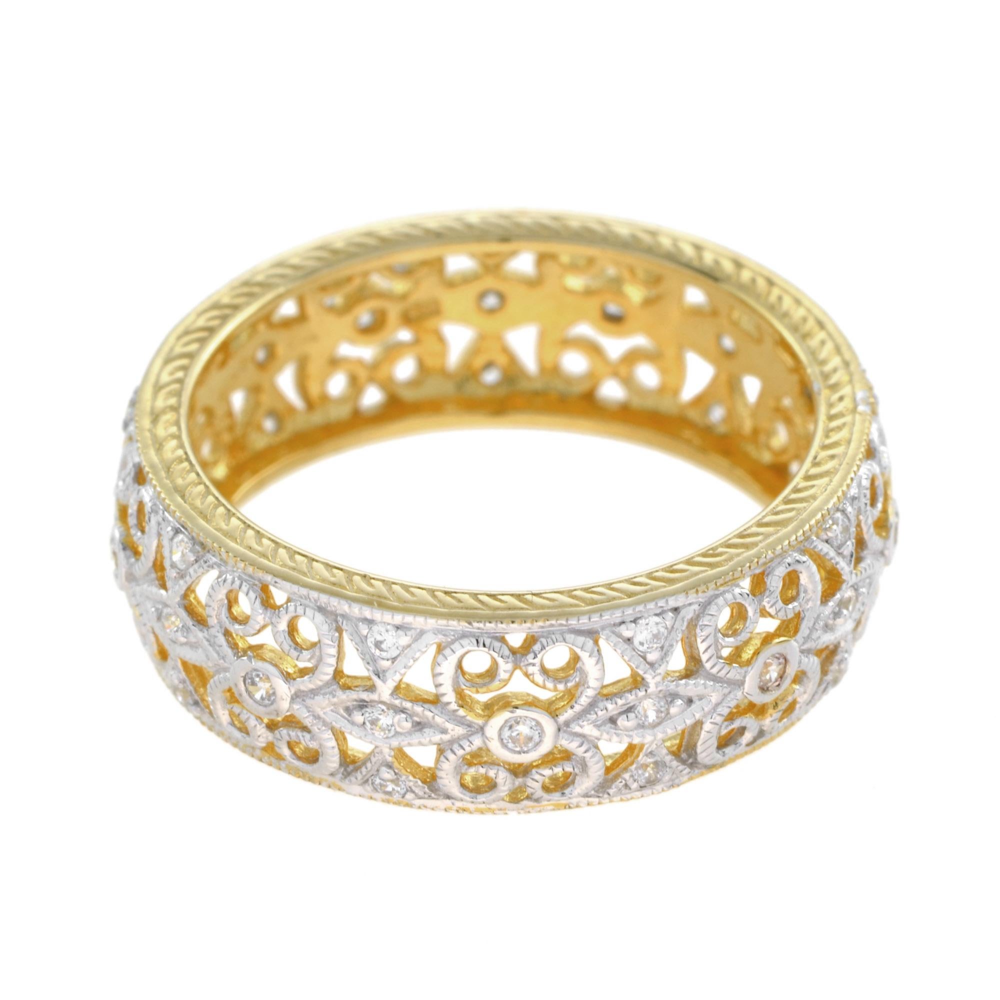 For Sale:  Art Deco Style Diamond Floral Filigree Eternity Band Ring in 14K Yellow Gold 3