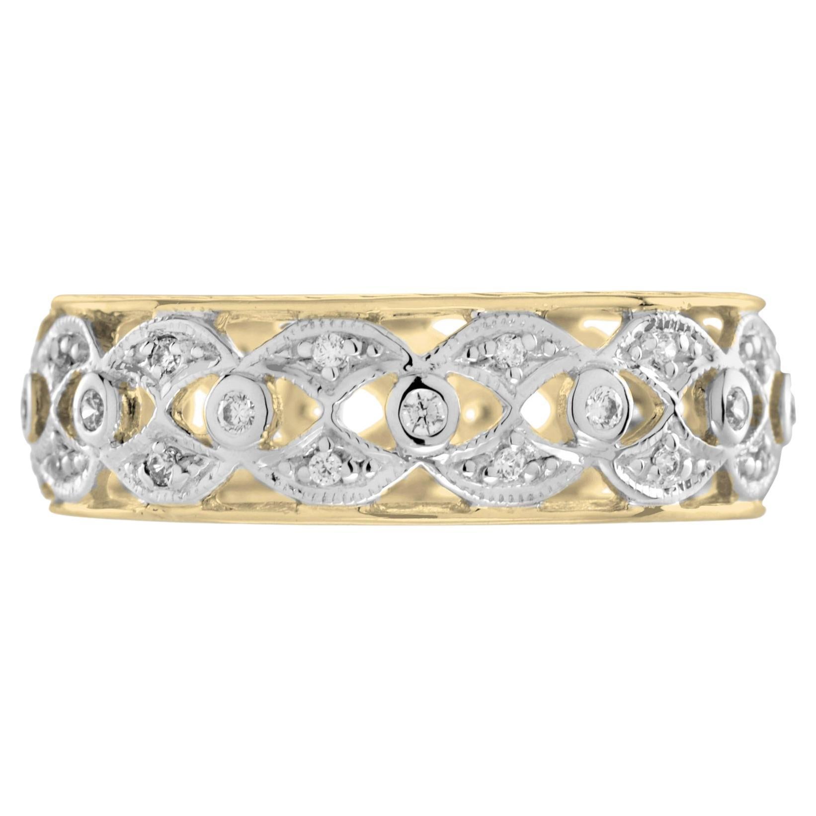 For Sale:  Art Deco Style Diamond Floral Filigree Eternity Band Ring in 14K Yellow Gold