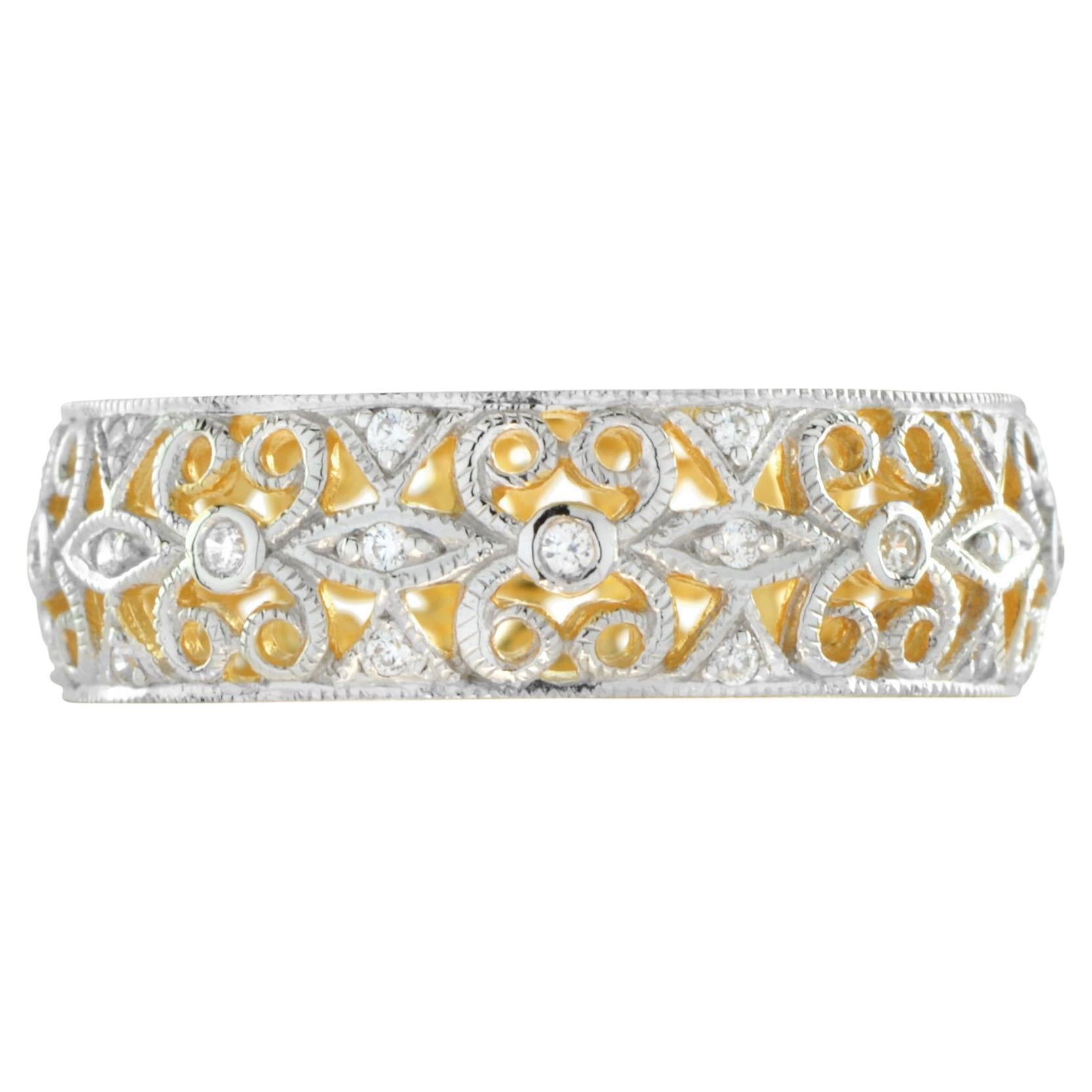 For Sale:  Art Deco Style Diamond Floral Filigree Eternity Band Ring in 14K Yellow Gold