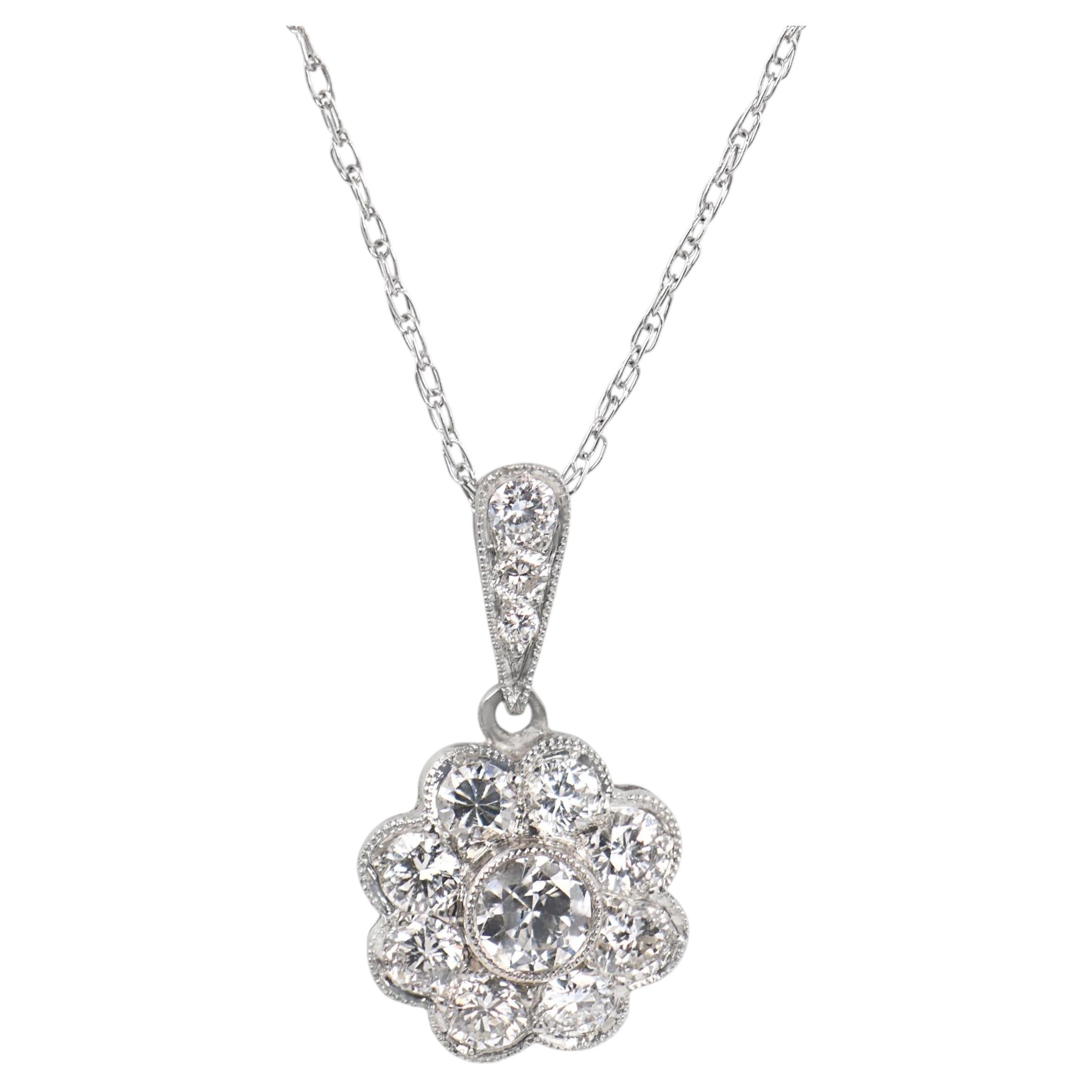 Art Deco style diamond flower cluster platinum pendant necklace