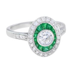 Art Deco Style Diamond French Cut Halo Set Green Emerald Shield White Gold Ring