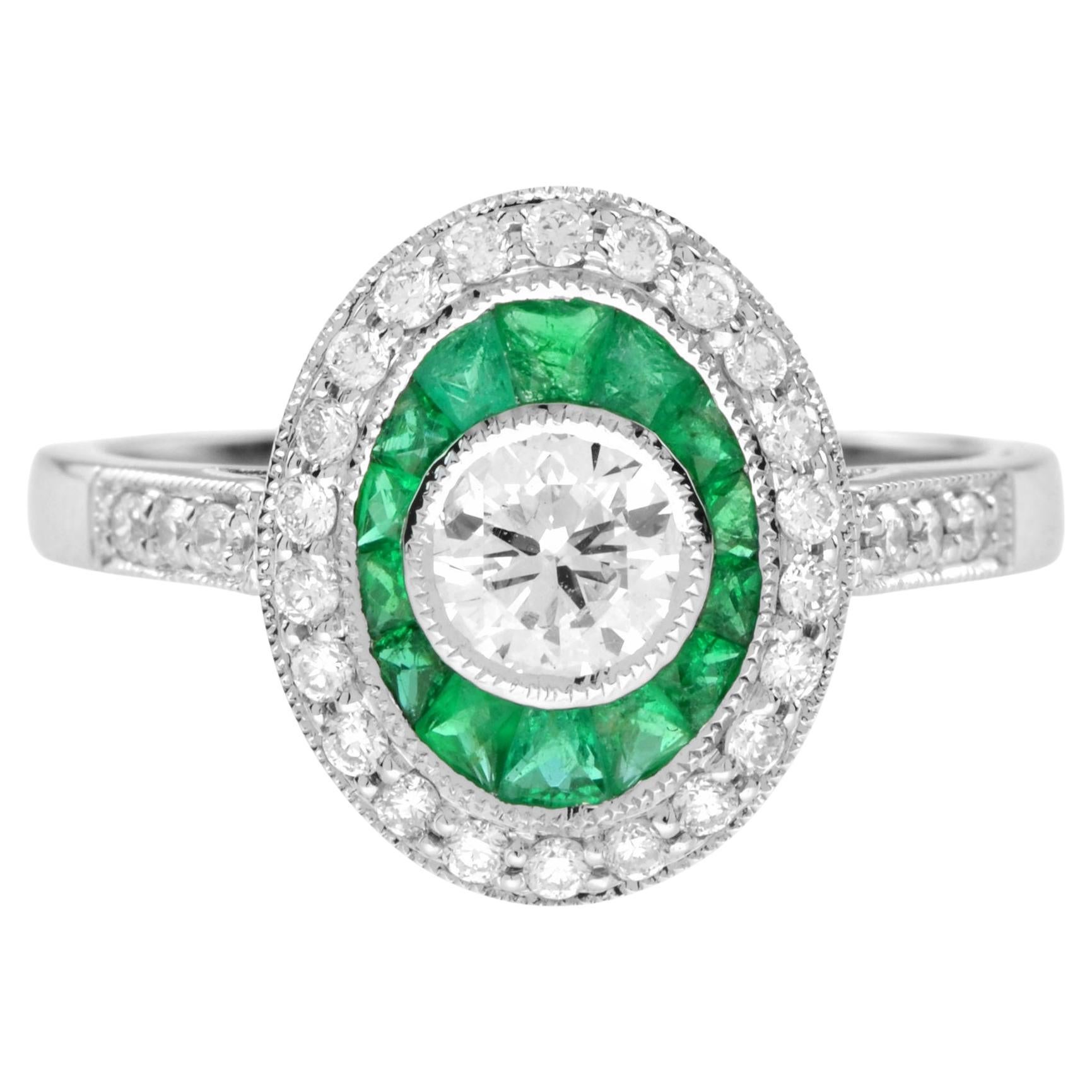 Art Deco Style Diamond French Cut Halo Set Green Emerald Shield White Gold Ring