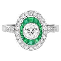 Art Deco Style Diamond French Cut Halo Set Green Emerald Shield White Gold Ring