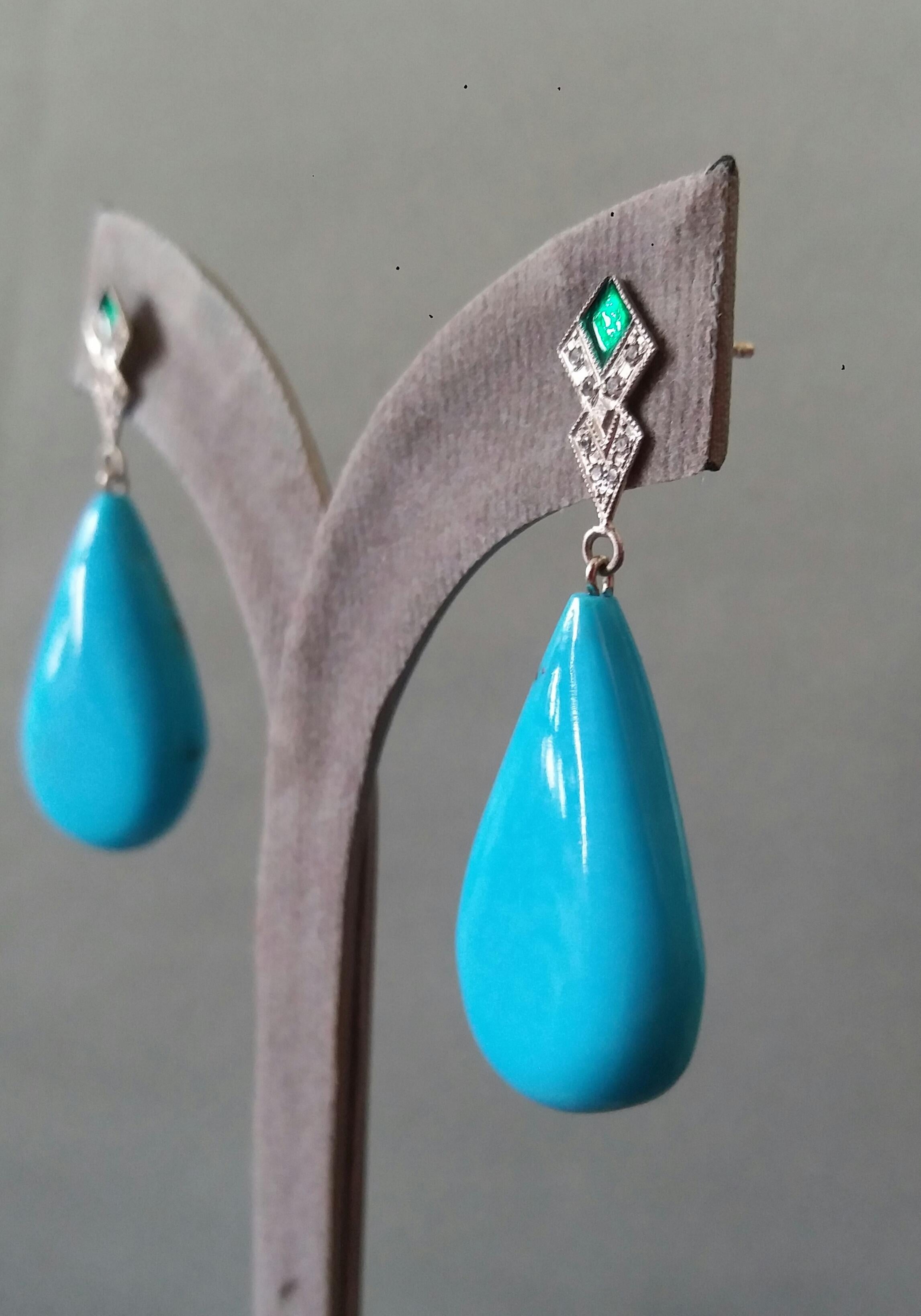 Art Deco Style Diamond Gold Green Enamel Natural Turquoise Plain Drop Earrings 4