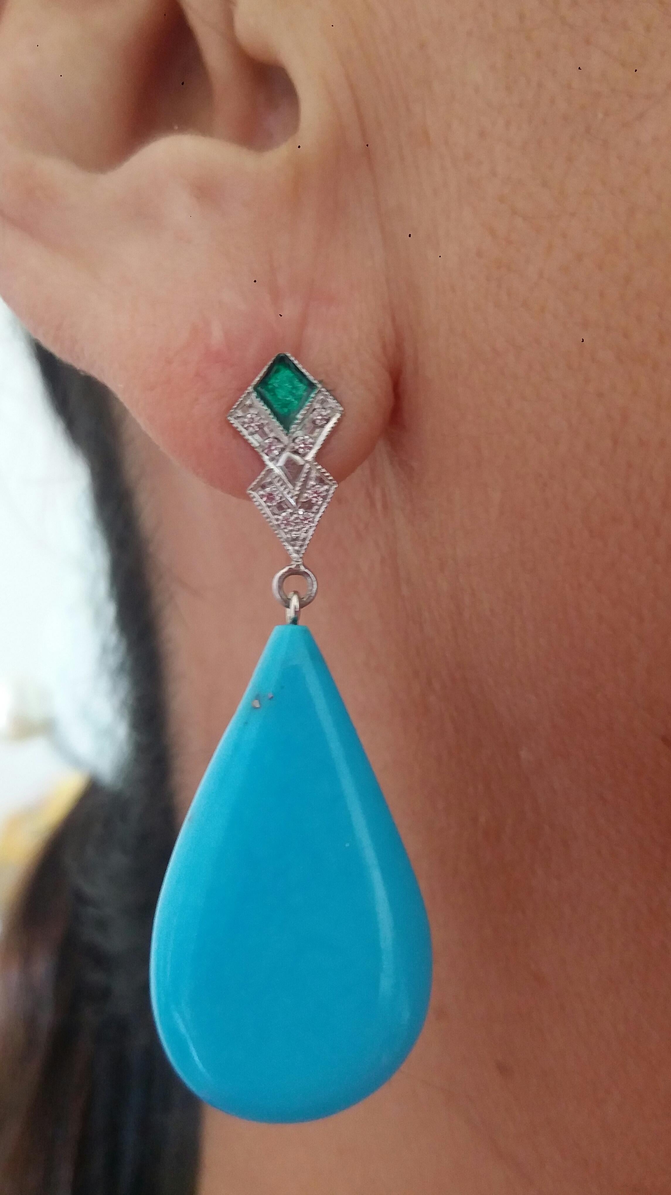 Art Deco Style Diamond Gold Green Enamel Natural Turquoise Plain Drop Earrings 7