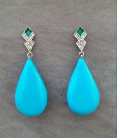 Art Deco Style Diamond Gold Green Enamel Natural Turquoise Plain Drop Earrings
