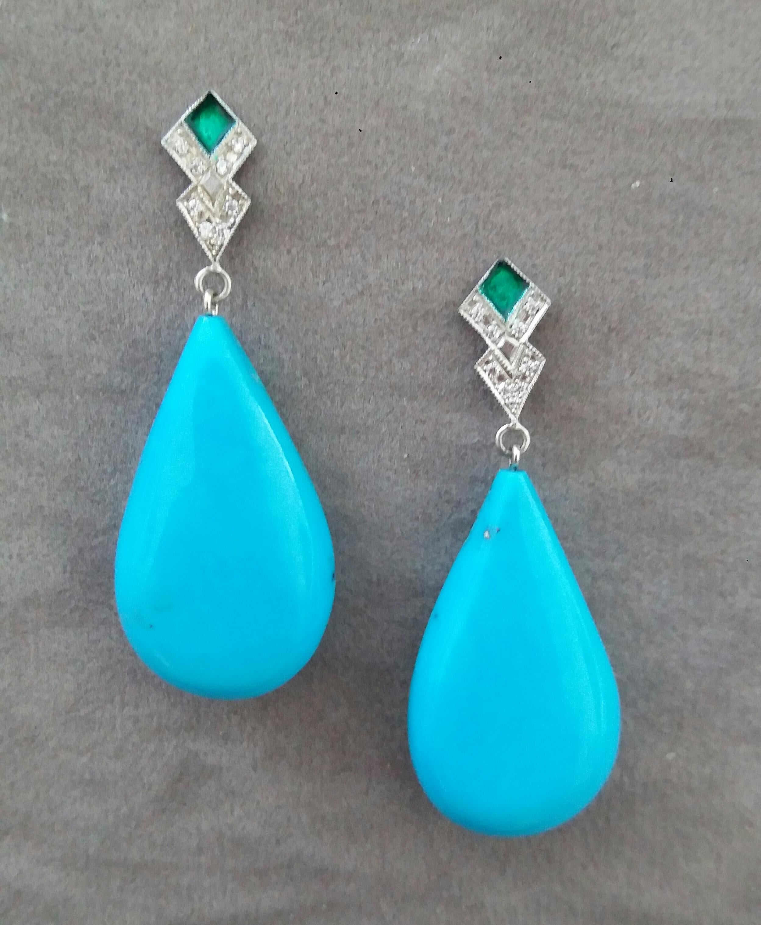 Pear Cut Art Deco Style Diamond Gold Green Enamel Natural Turquoise Plain Drop Earrings For Sale