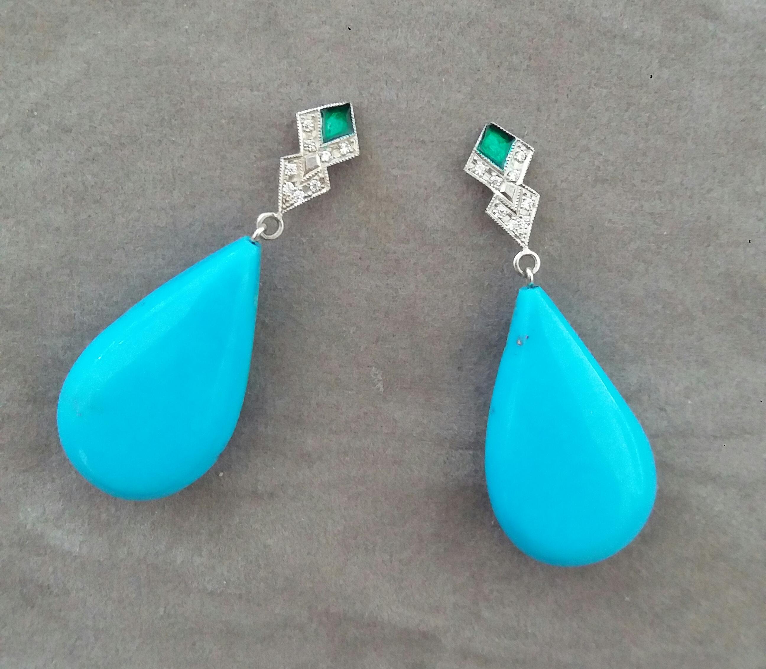Art Deco Style Diamond Gold Green Enamel Natural Turquoise Plain Drop Earrings In Good Condition For Sale In Bangkok, TH