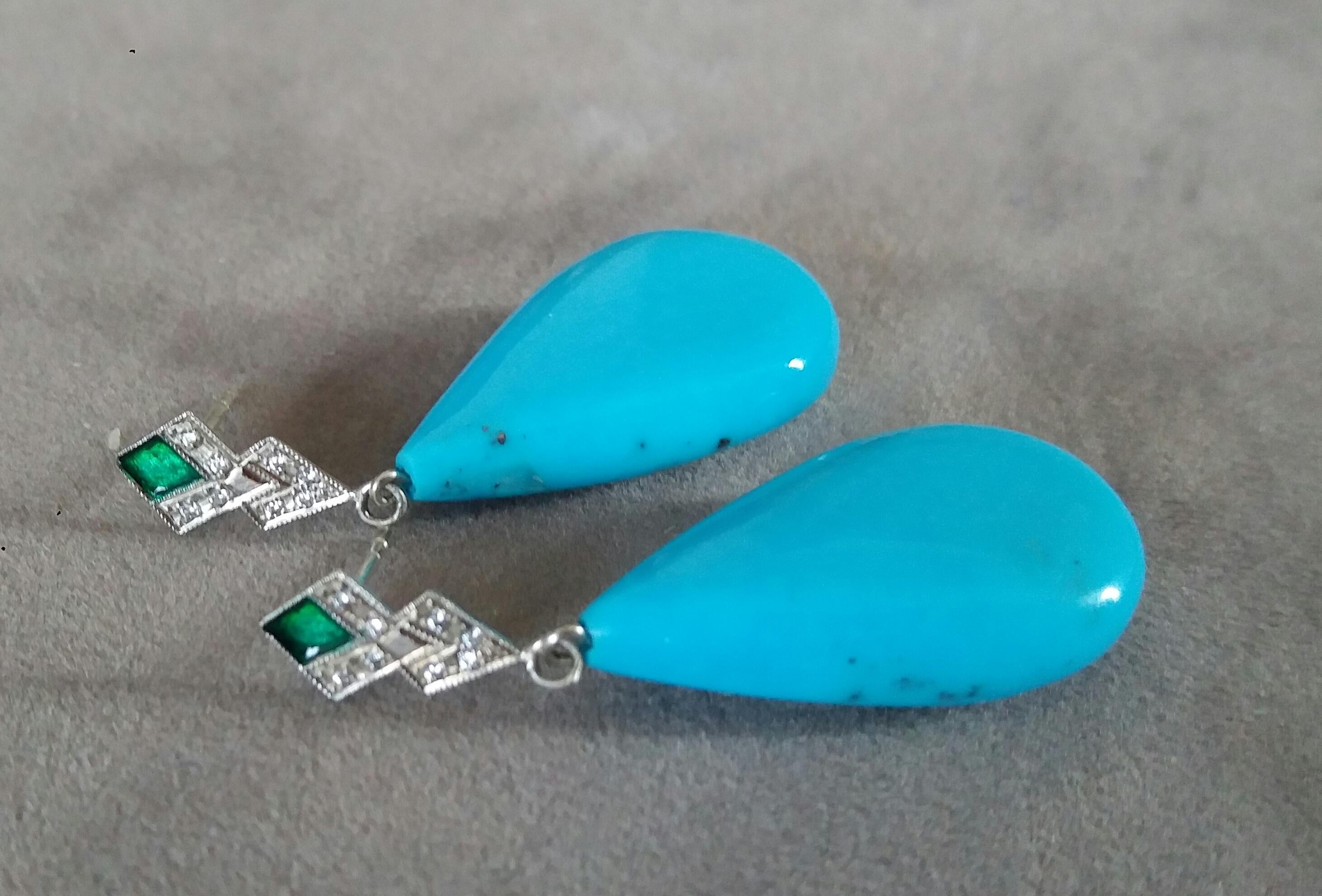 Art Deco Style Diamond Gold Green Enamel Natural Turquoise Plain Drop Earrings In Good Condition In Bangkok, TH