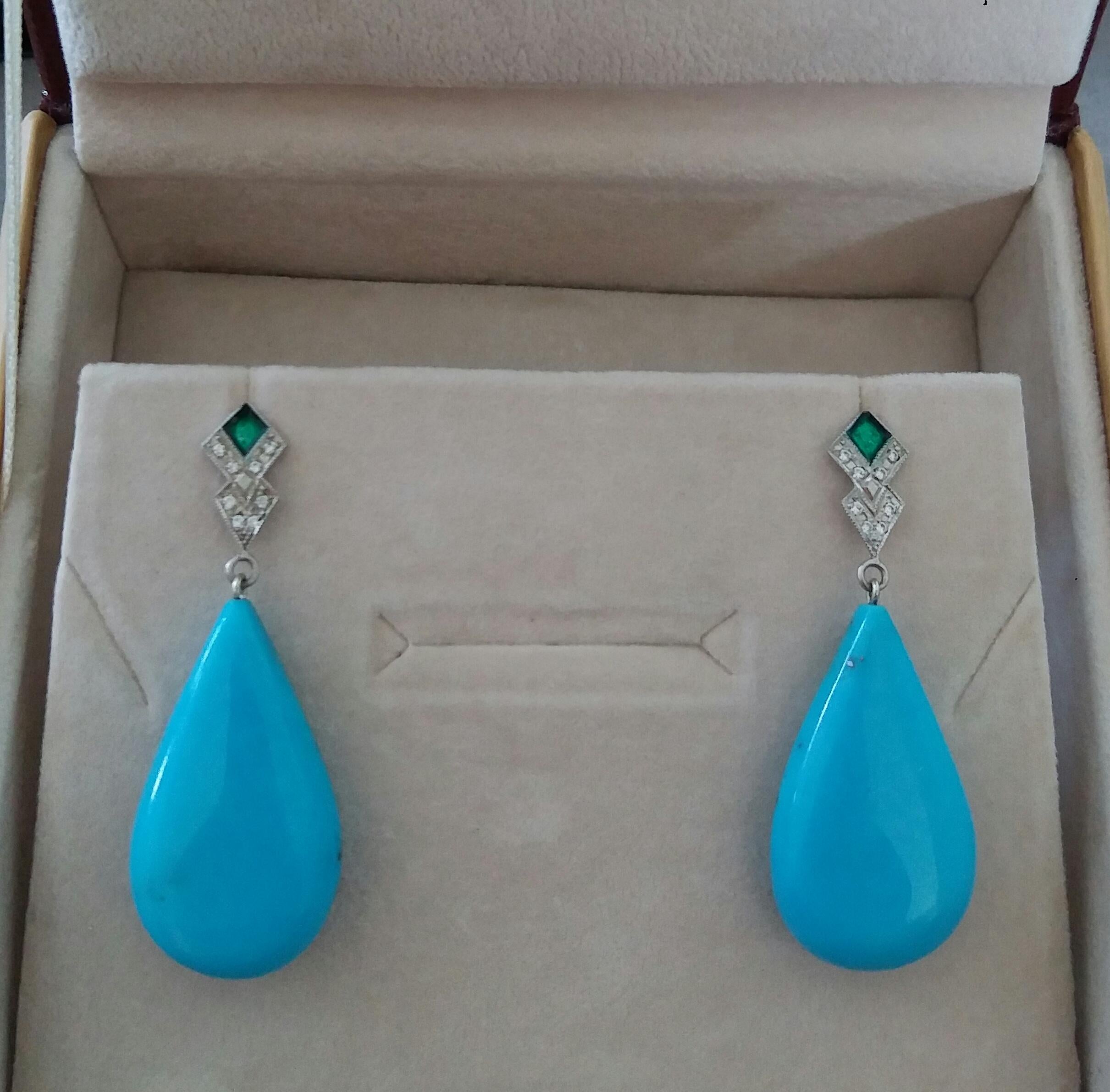 Art Deco Style Diamond Gold Green Enamel Natural Turquoise Plain Drop Earrings 1