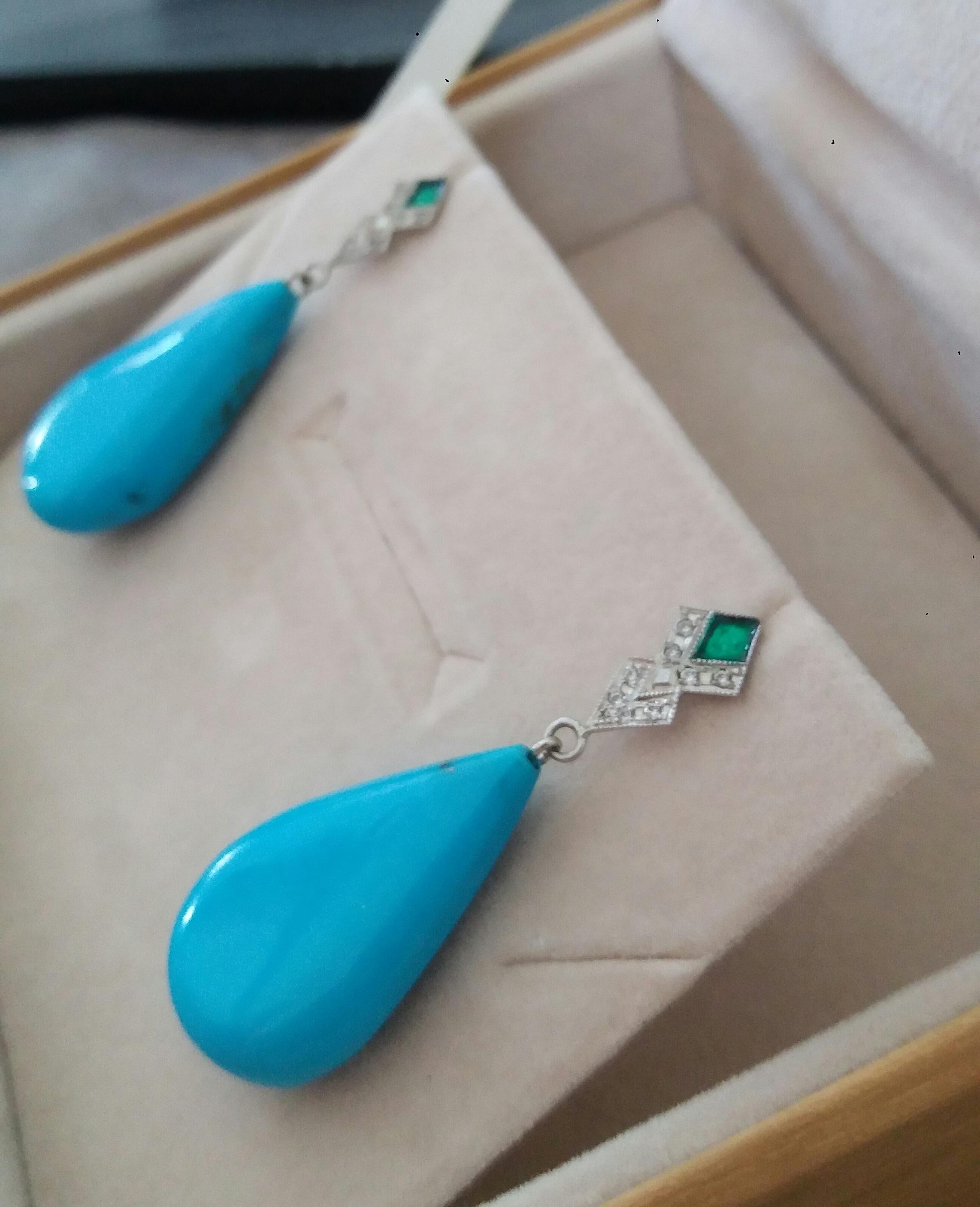 Art Deco Style Diamond Gold Green Enamel Natural Turquoise Plain Drop Earrings For Sale 3