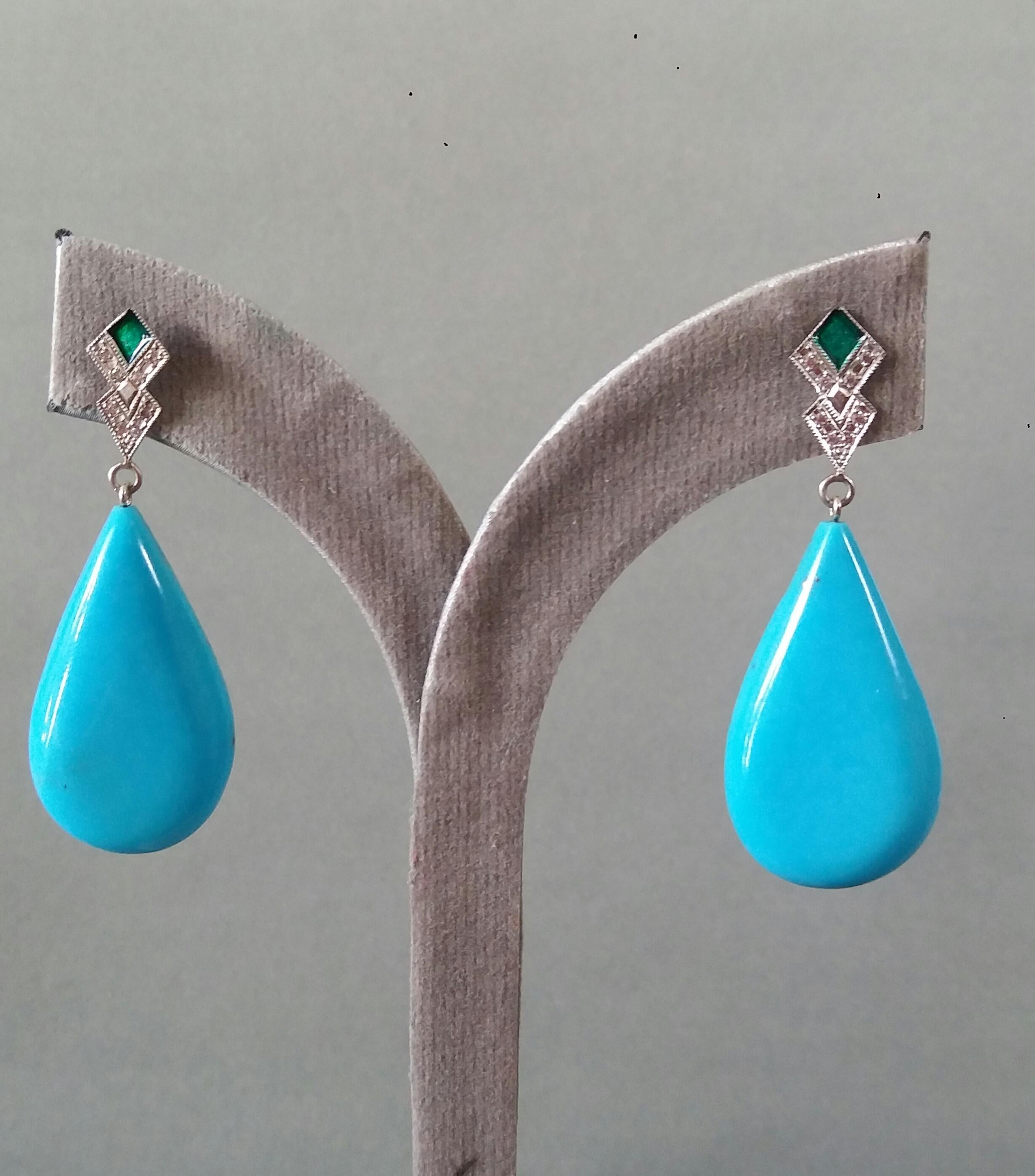Art Deco Style Diamond Gold Green Enamel Natural Turquoise Plain Drop Earrings For Sale 4