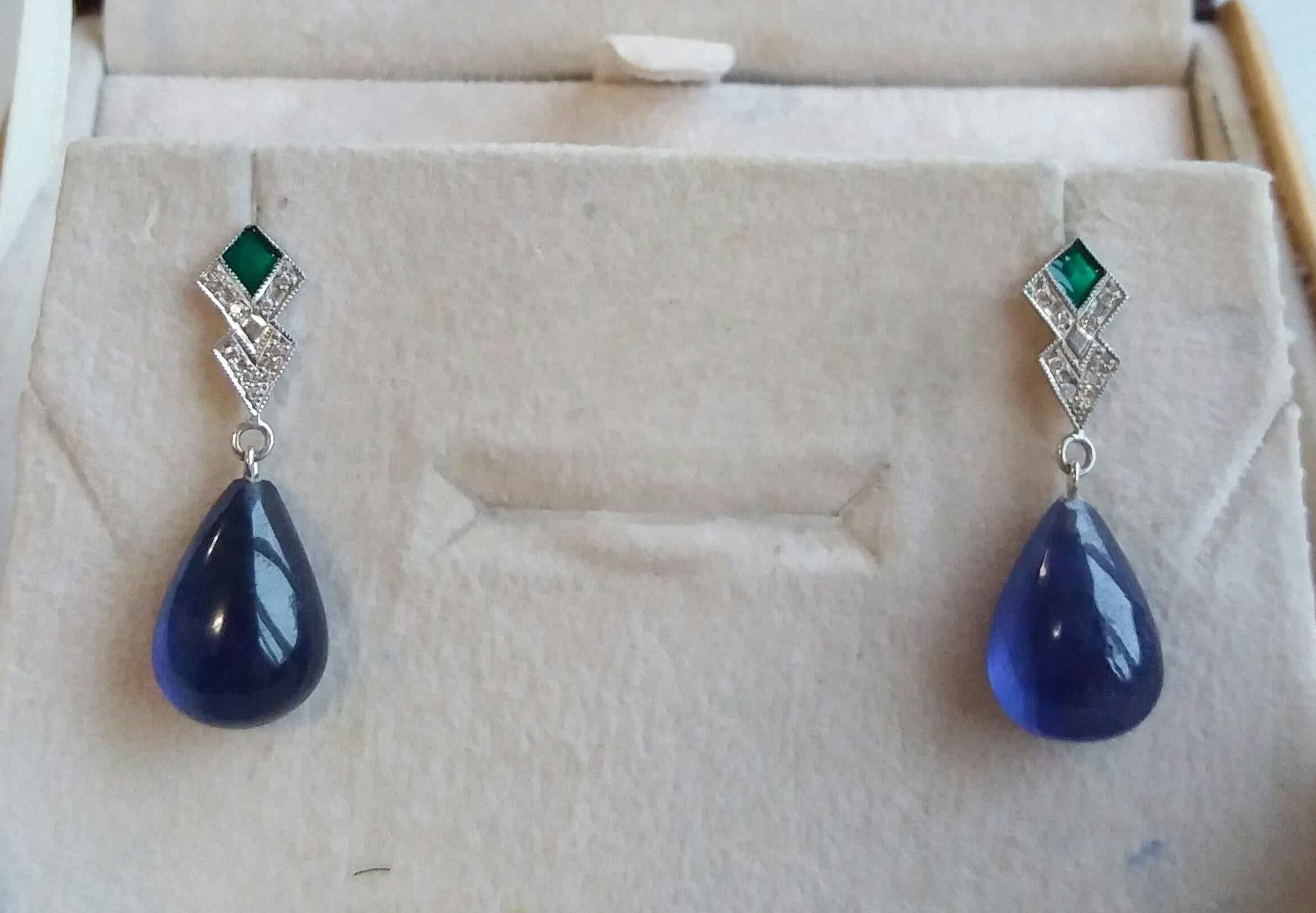 Women's Art Deco Style Diamond Gold Green Enamel Pear Shape Blue Sapphires Drop Earrings For Sale