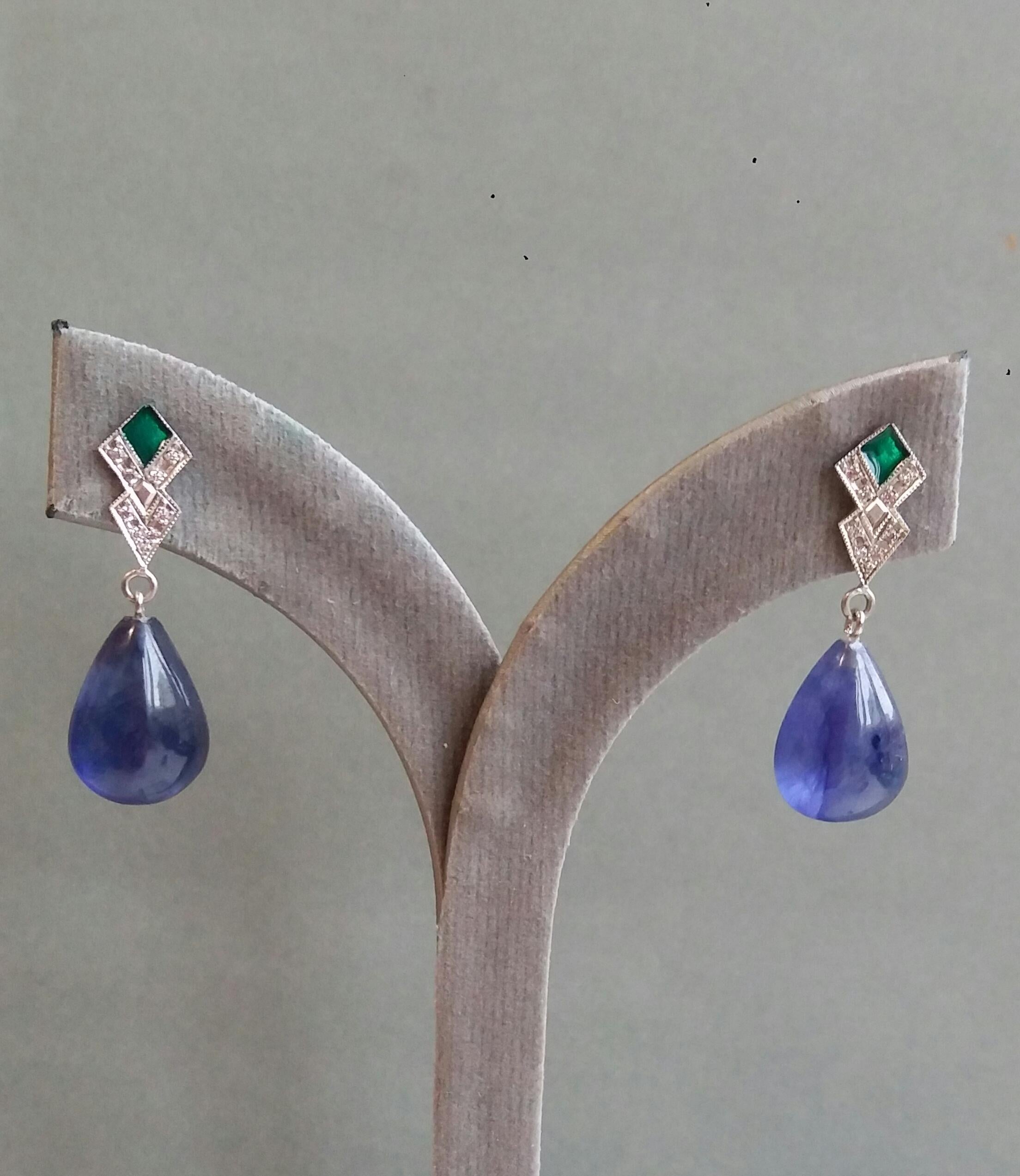Art Deco Style Diamond Gold Green Enamel Pear Shape Blue Sapphires Drop Earrings For Sale 1