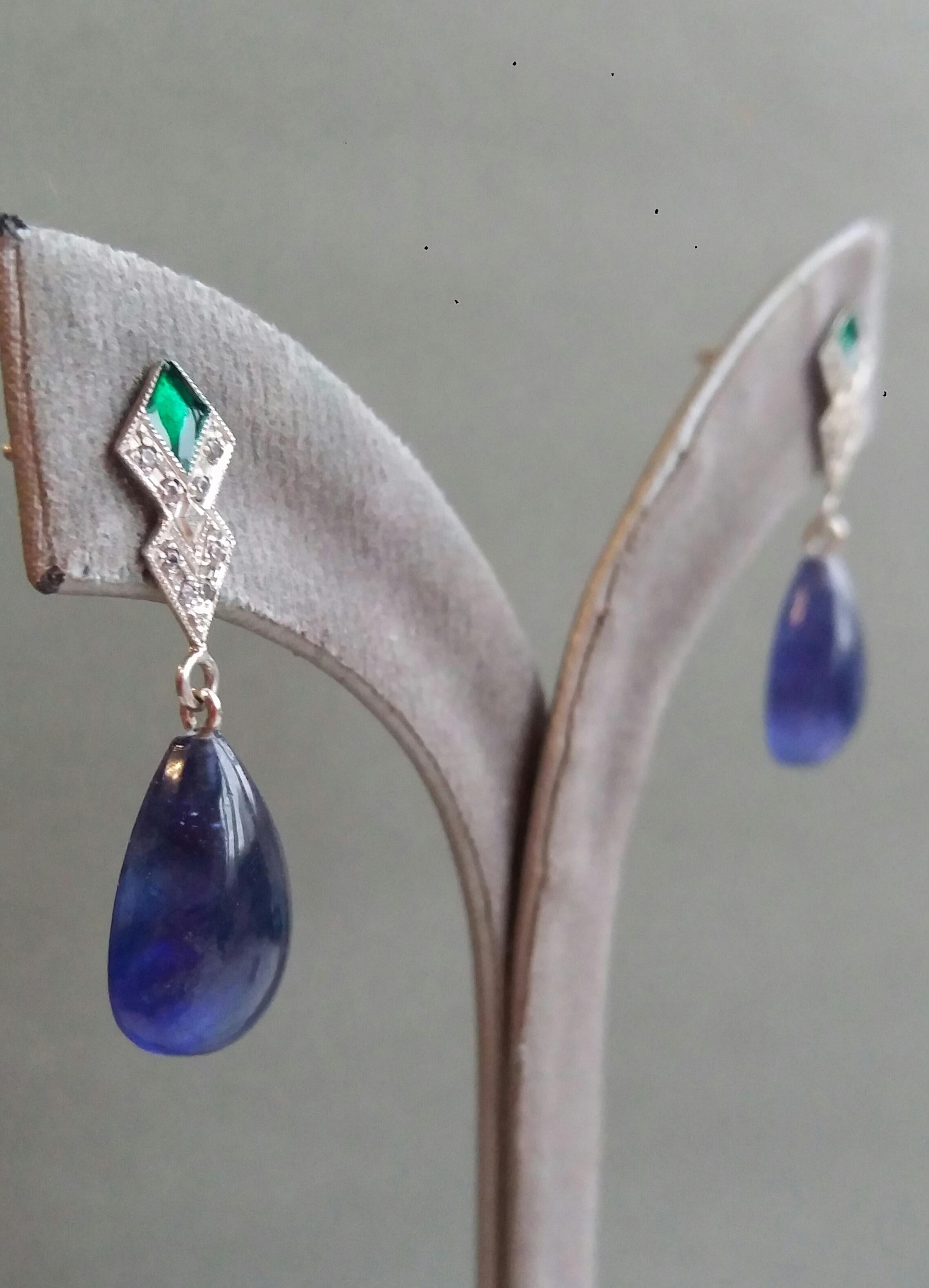 Art Deco Style Diamond Gold Green Enamel Pear Shape Blue Sapphires Drop Earrings For Sale 2