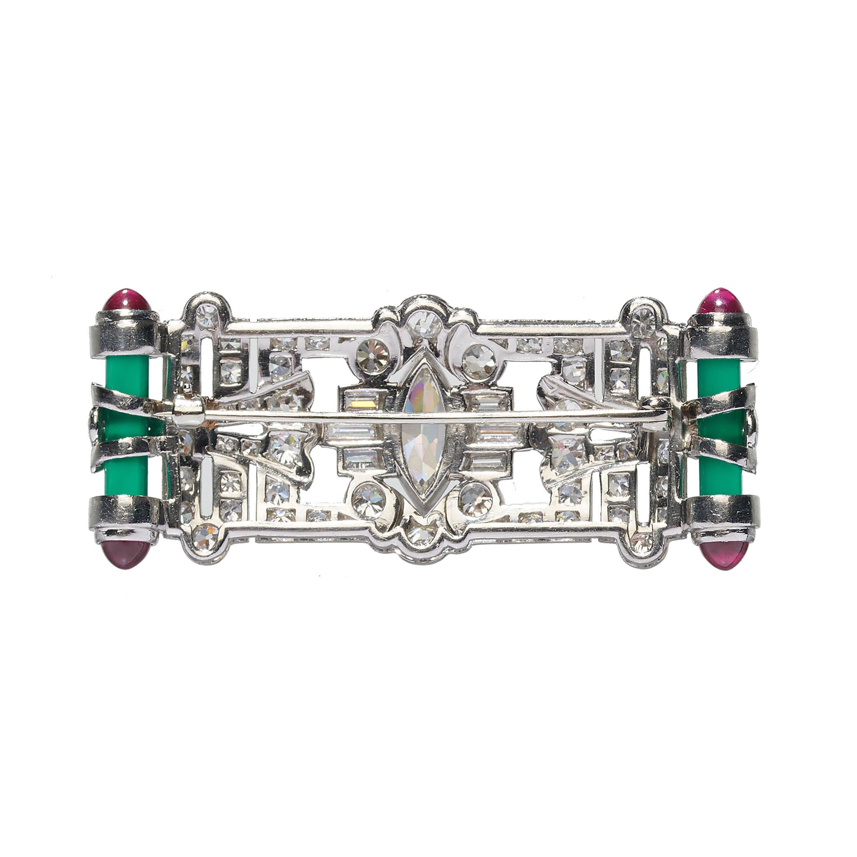 Marquise Cut Art Deco Style Diamond, Green Agate, Ruby And Platinum Brooch, 1.95 Carats For Sale