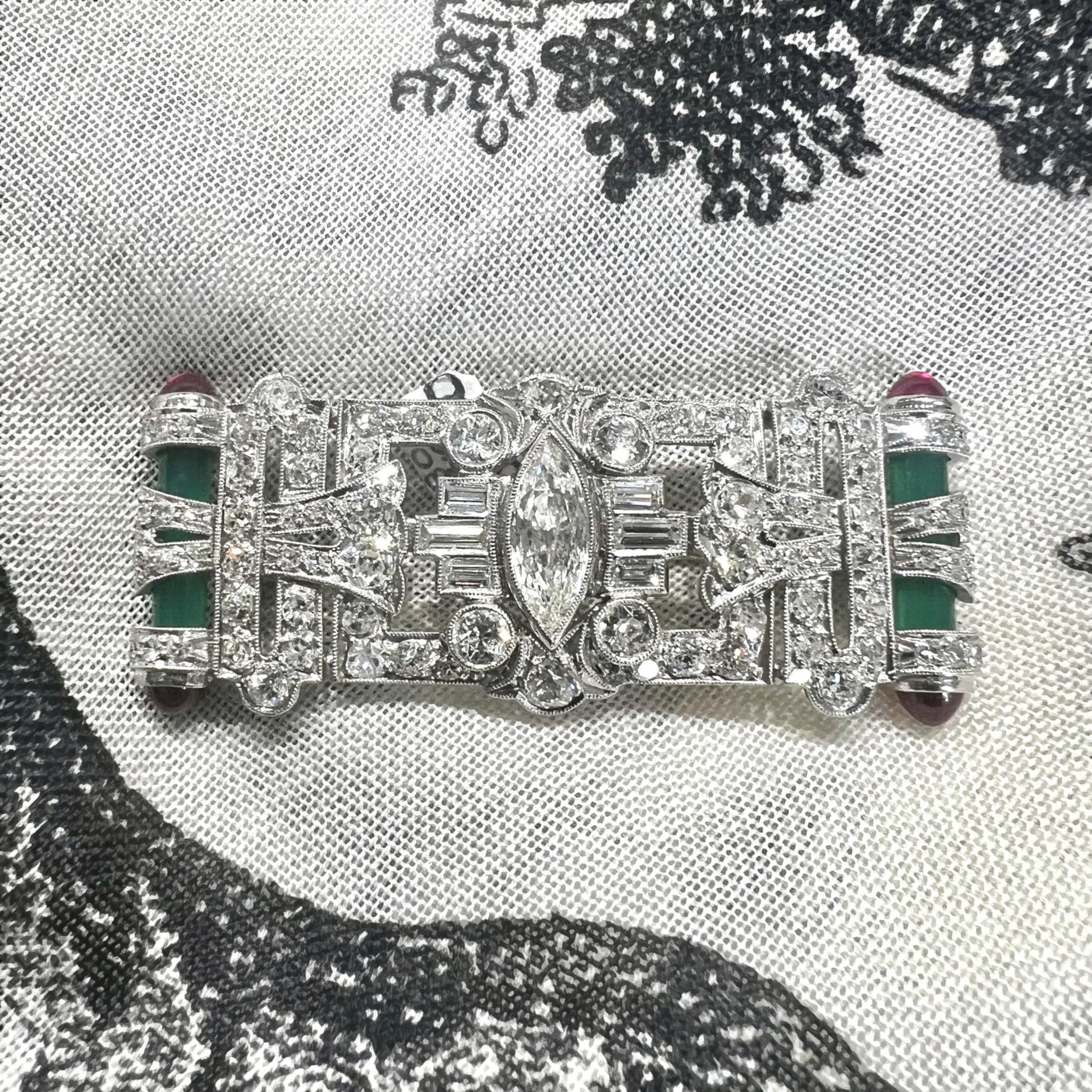 Women's Art Deco Style Diamond, Green Agate, Ruby And Platinum Brooch, 1.95 Carats For Sale