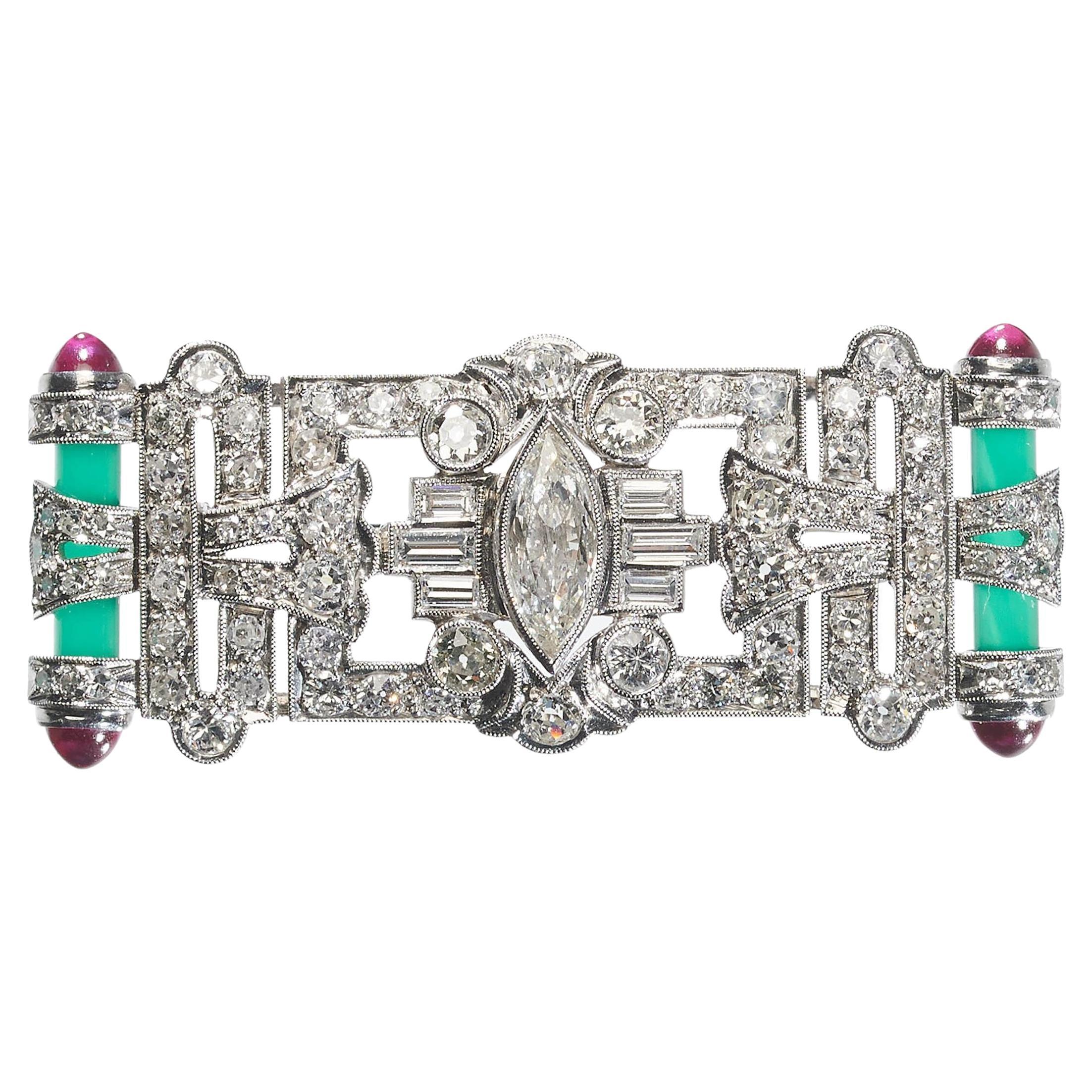 Art Deco Style Diamond, Green Agate, Ruby And Platinum Brooch, 1.95 Carats For Sale