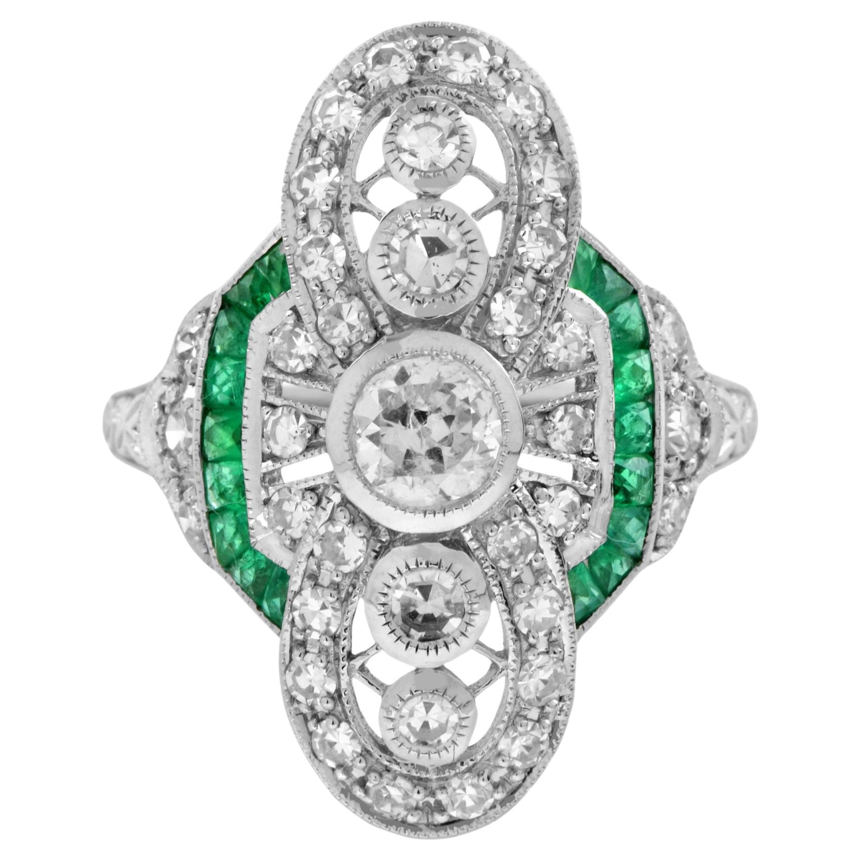 Art Deco Style Diamond & Green Emerald Cocktail 14K White Gold Ring in vendita