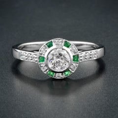 Art Deco Style Diamond & Green Emerald Engagement Halo 18K White Gold Ring