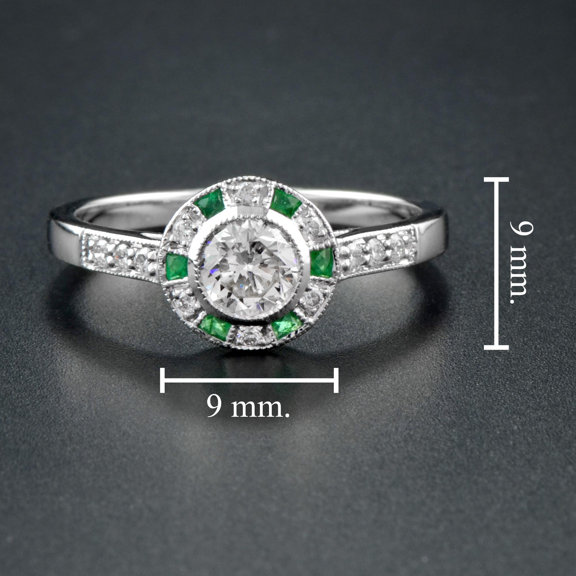 Art Deco Style Diamond & Green Emerald Engagement Halo 18K White Gold Ring en Nuevo estado para la venta en Oakton, VA