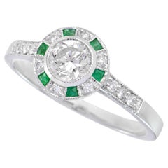 Art Deco Style Diamond & Green Emerald Engagement Halo 18K White Gold Ring