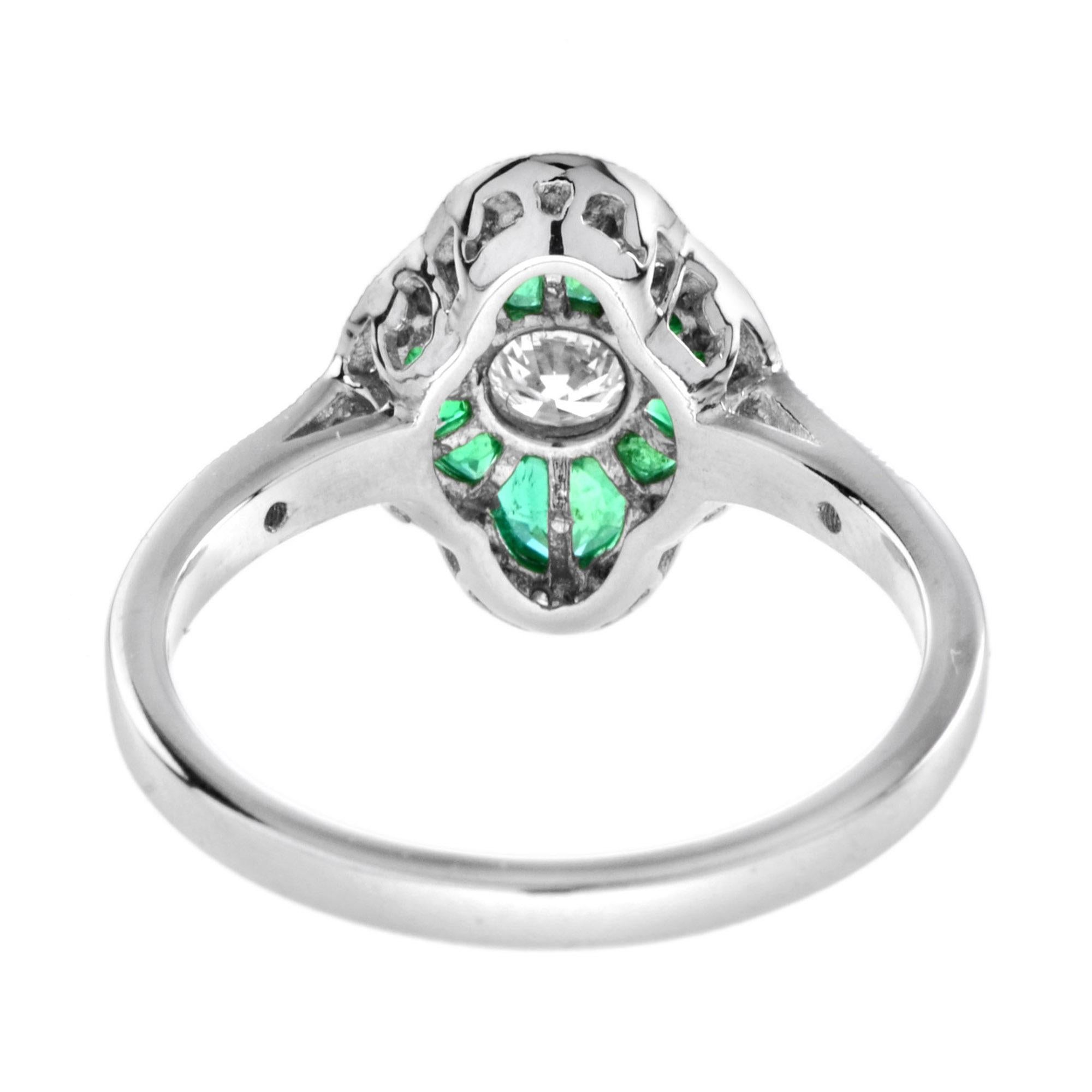 Round Cut Art Deco Style Diamond & Green Emerald Halo Set Engagement 14K White Gold Ring For Sale
