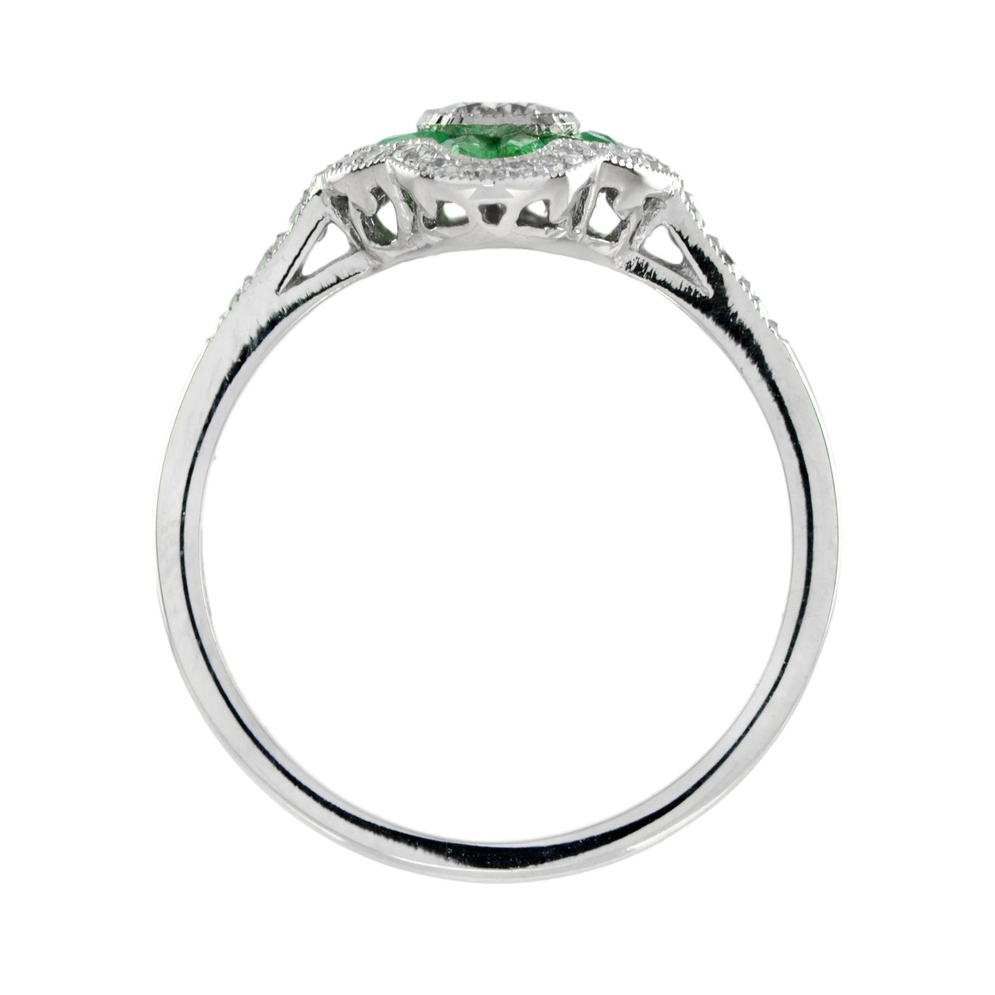 Art Deco Style Diamond & Green Emerald Halo Set Engagement 14K White Gold Ring In New Condition For Sale In Oakton, VA