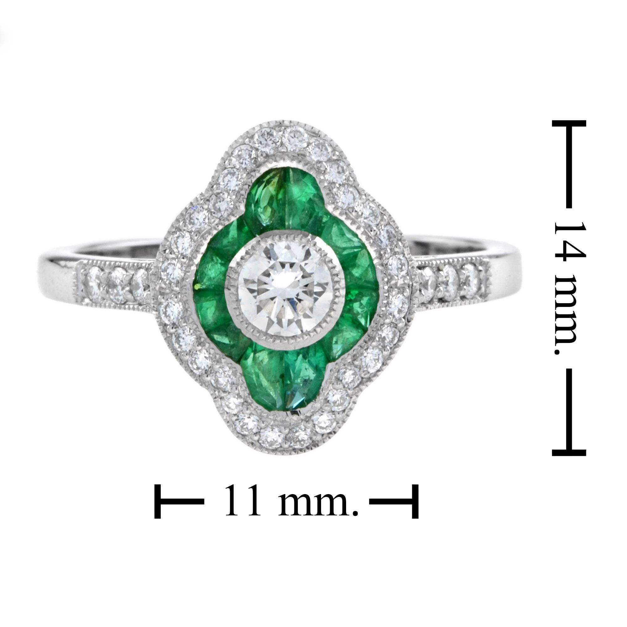 Women's Art Deco Style Diamond & Green Emerald Halo Set Engagement 14K White Gold Ring For Sale