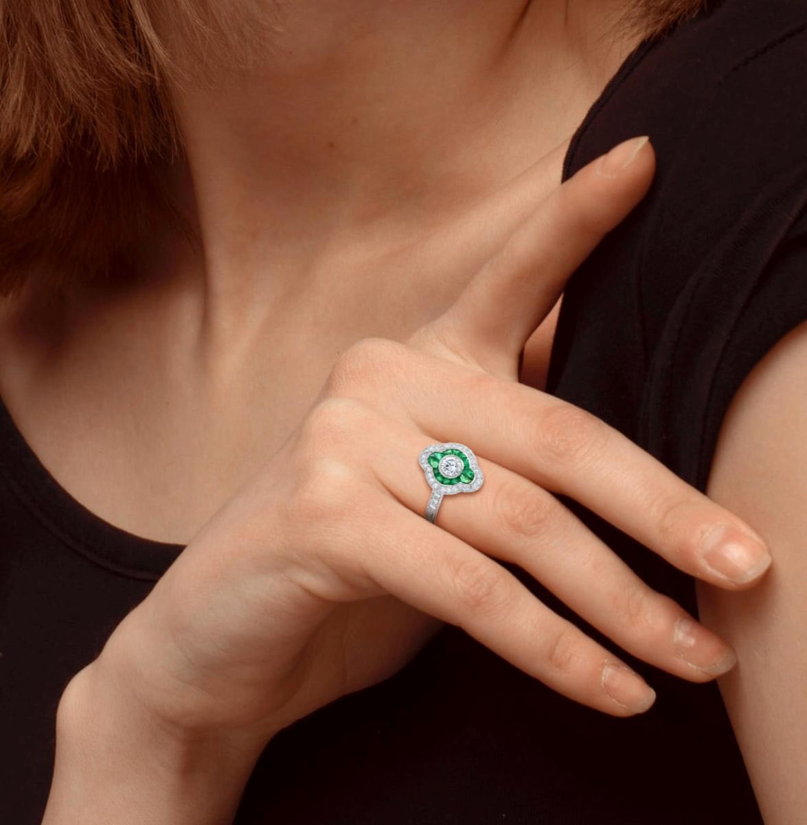 Art Deco Style Diamond & Green Emerald Halo Set Engagement 14K White Gold Ring For Sale 1