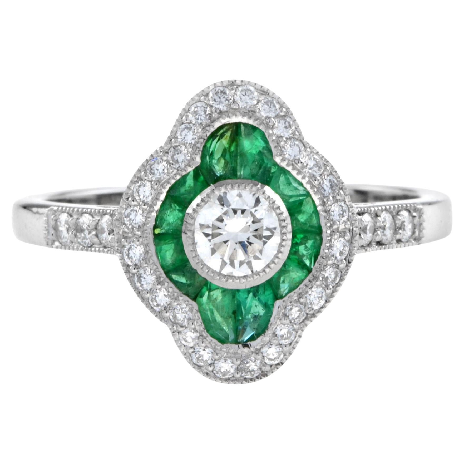 Art Deco Style Diamond & Green Emerald Halo Set Engagement 14K White Gold Ring For Sale