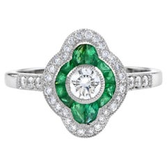 Art Deco Style Diamond & Green Emerald Halo Set Engagement 14K White Gold Ring