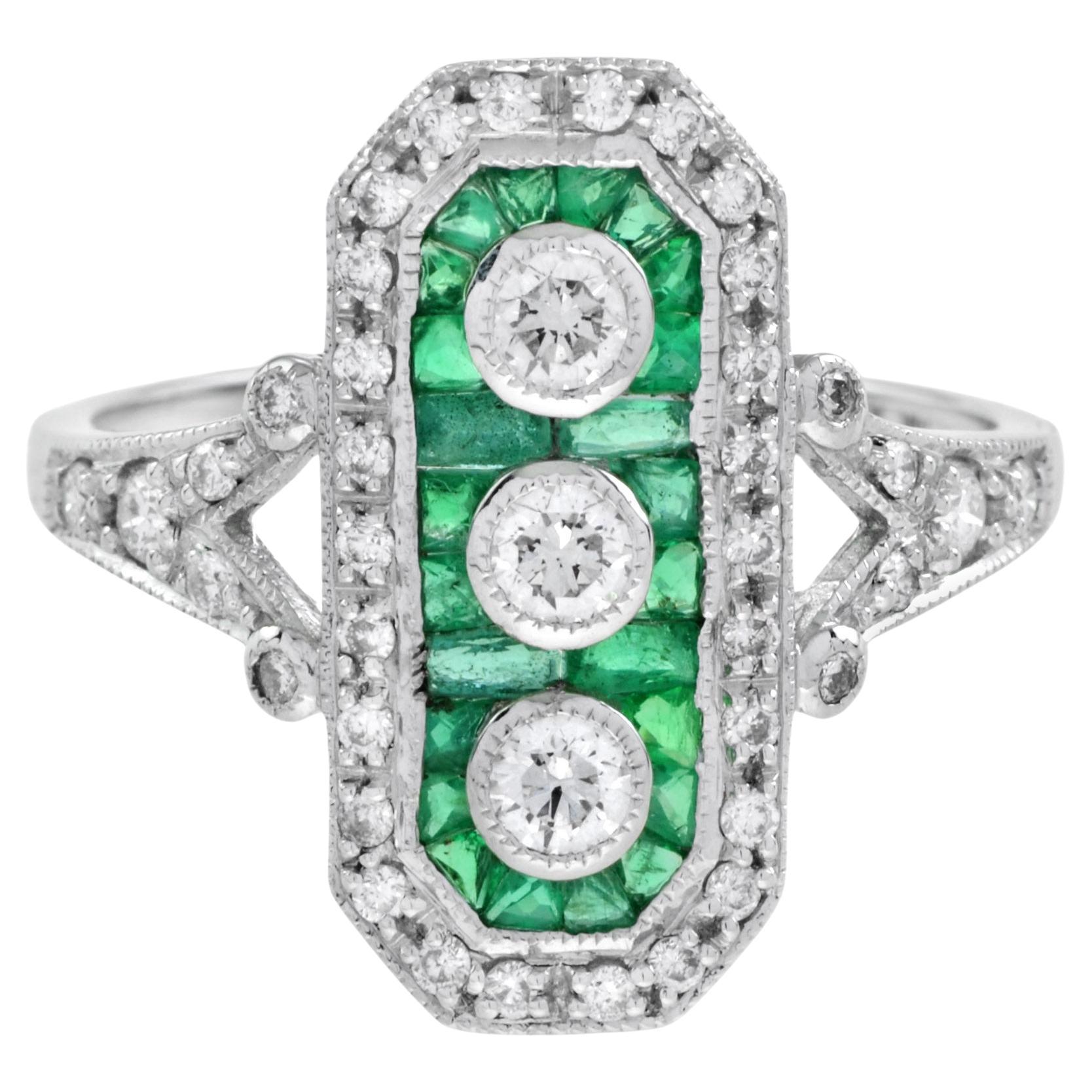Art Deco Style Diamond & Green Emerald Three Stone White Gold Shield Ring