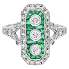 Art Deco Style Diamond & Green Emerald Three Stone White Gold Shield Ring
