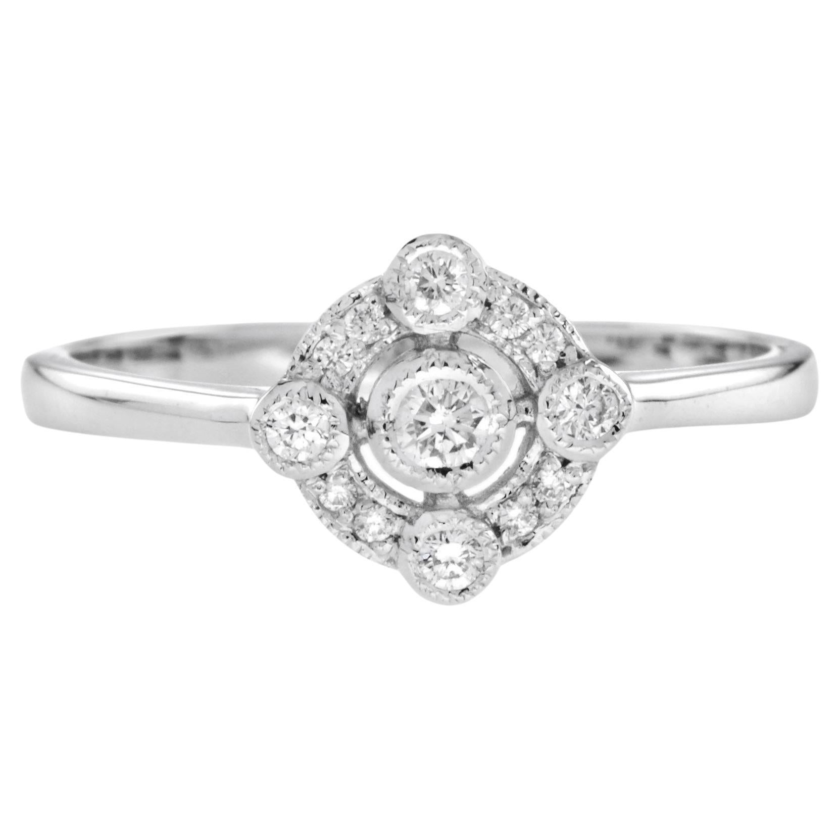 For Sale:  Art Deco Style Diamond Halo Ring in 14K White Gold