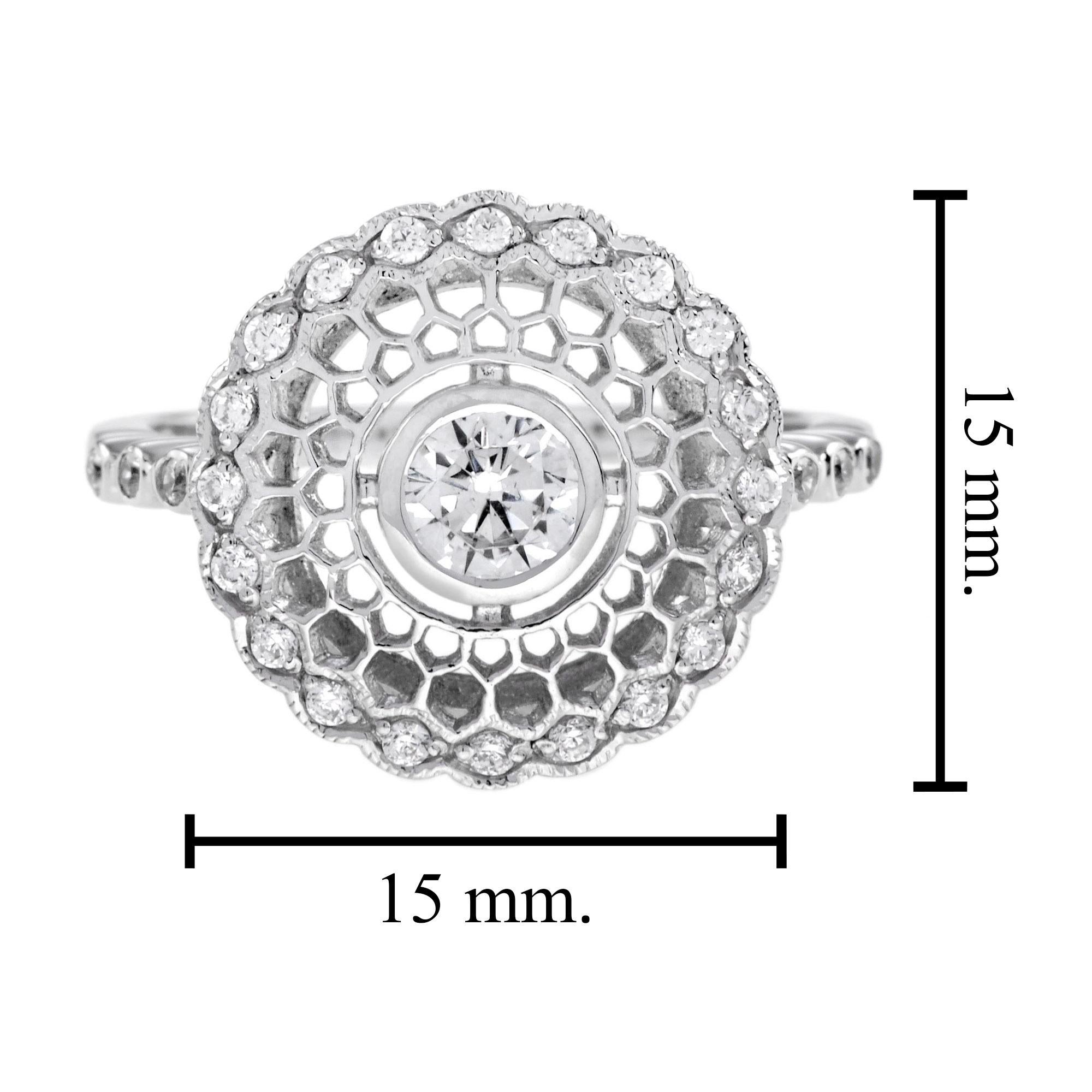 Art Deco Style Diamond Honey Comb Filigree 14K White Gold Ring Damen im Angebot