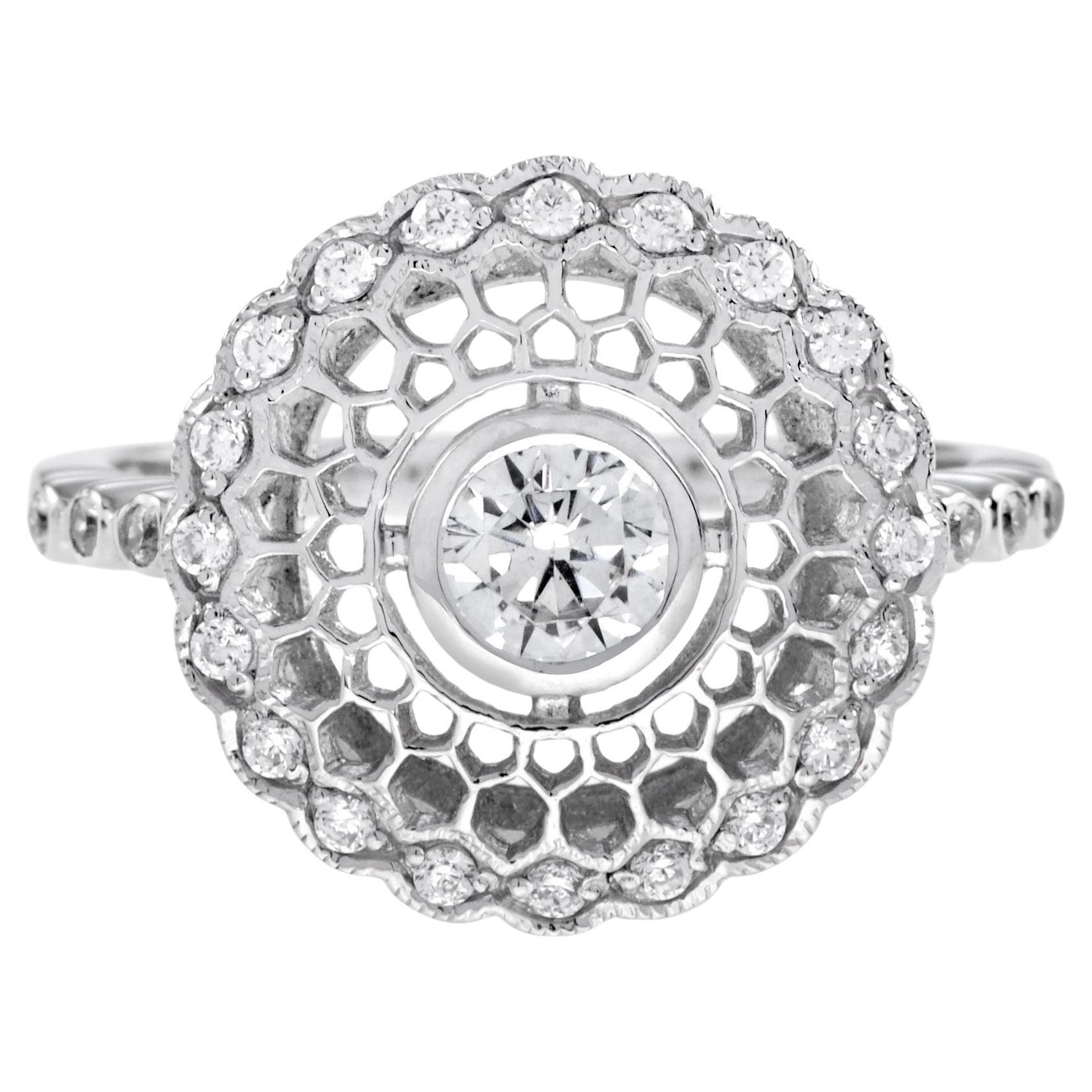 Art Deco Style Diamond Honey Comb Filigree 14K White Gold Ring im Angebot