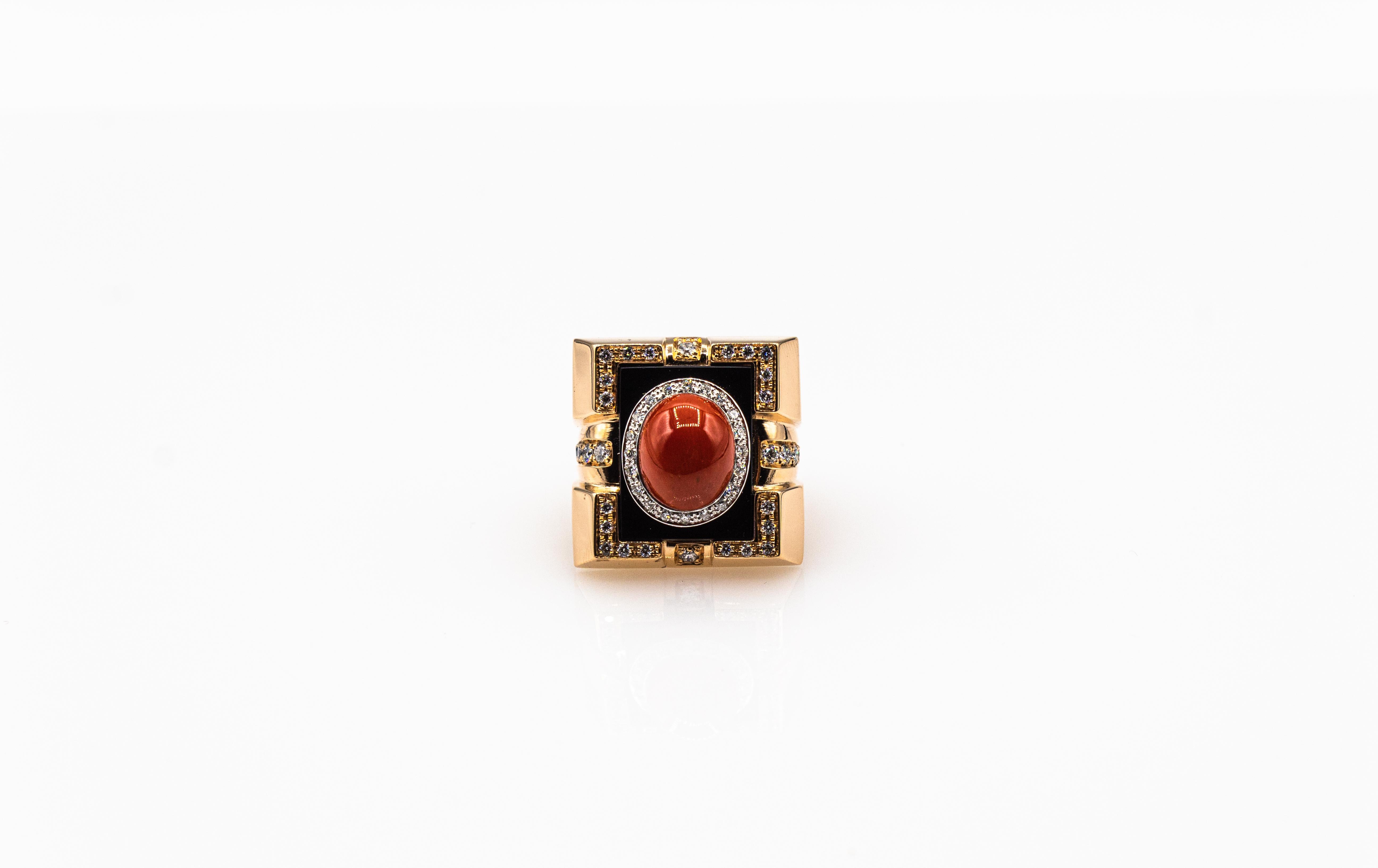 Art Deco Style Diamond Mediterranean Red Coral Onyx Yellow Gold Cocktail Ring 5
