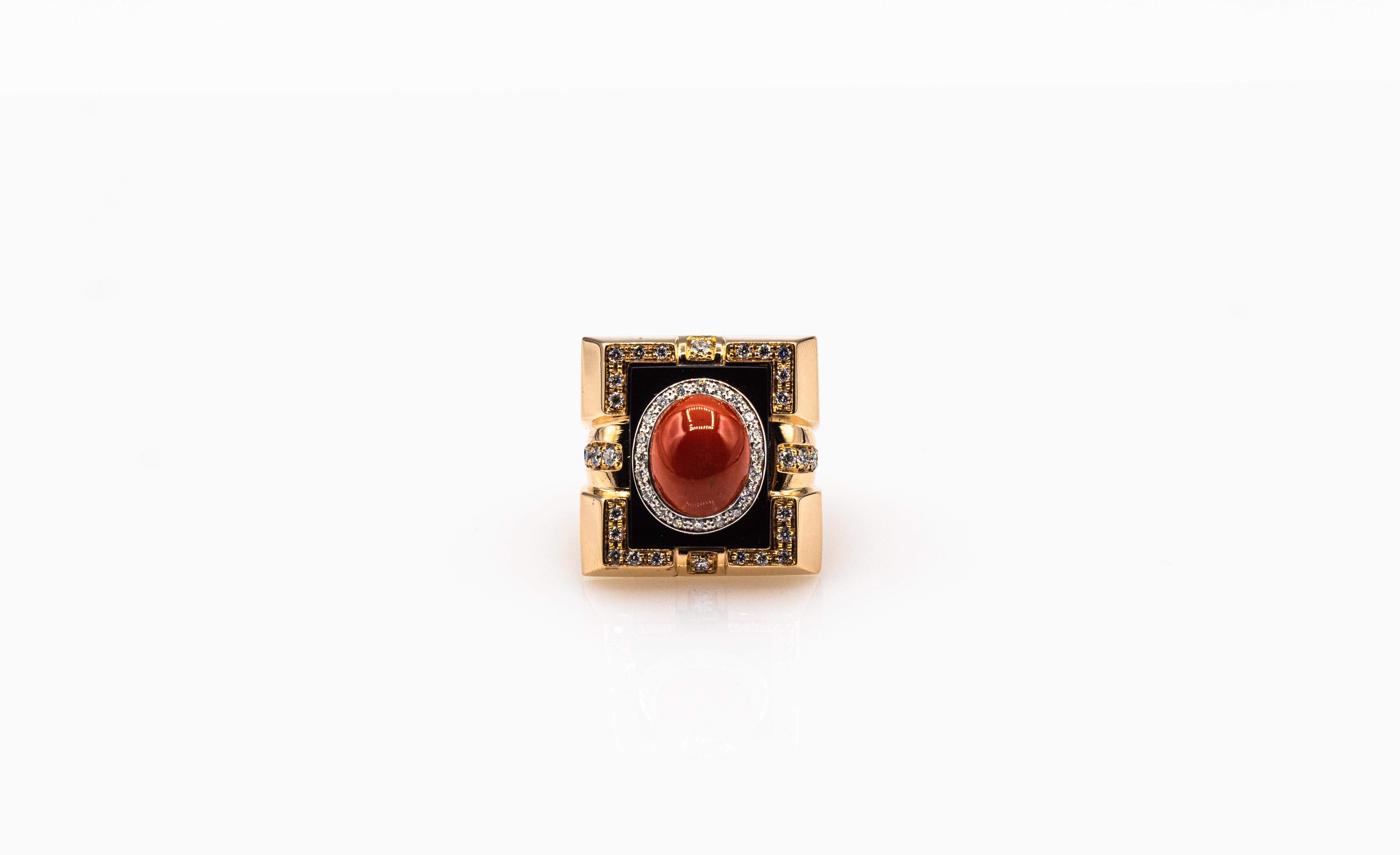 Art Deco Style Diamond Mediterranean Red Coral Onyx Yellow Gold Cocktail Ring For Sale 4