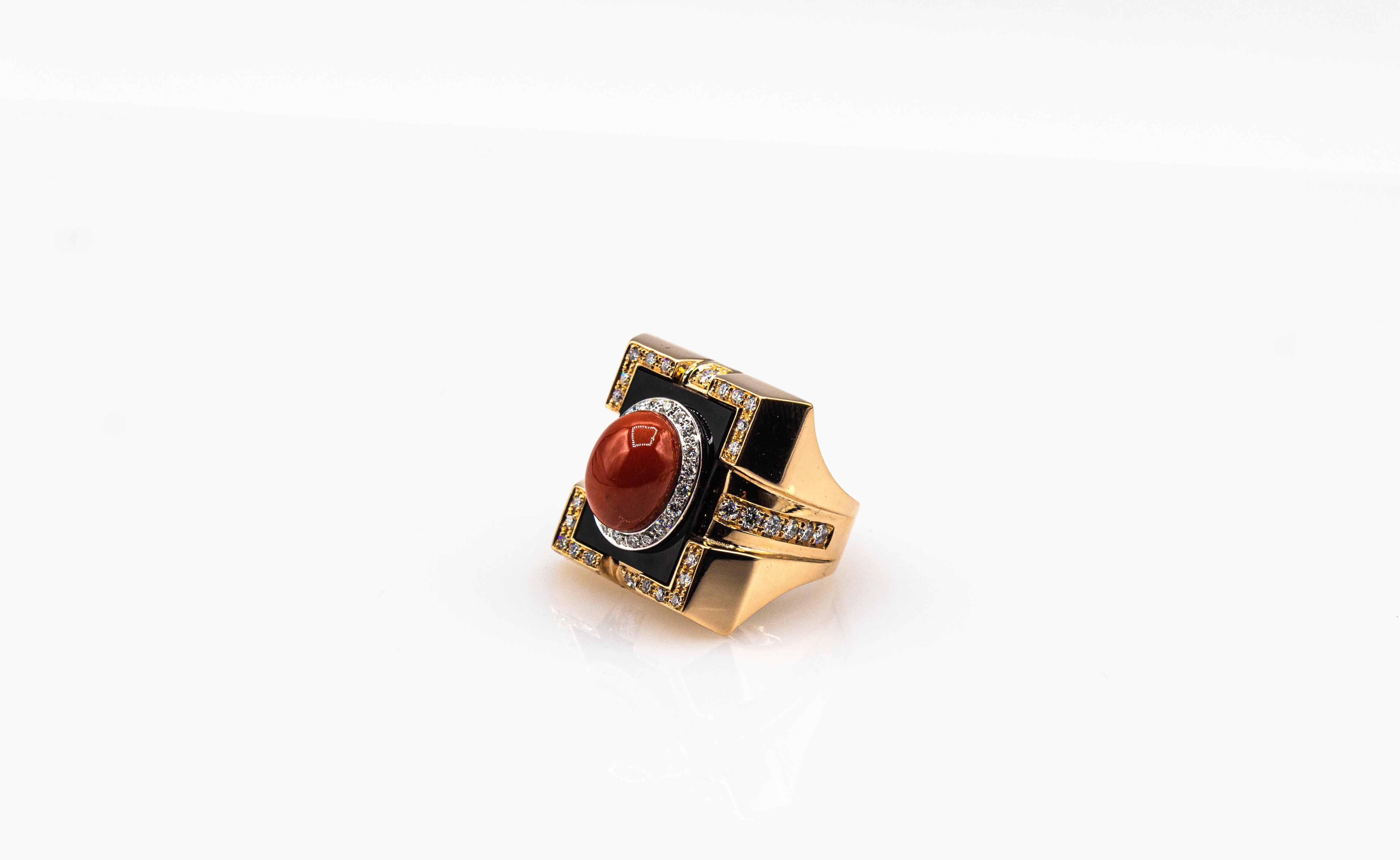 Art Deco Style Diamond Mediterranean Red Coral Onyx Yellow Gold Cocktail Ring For Sale 5