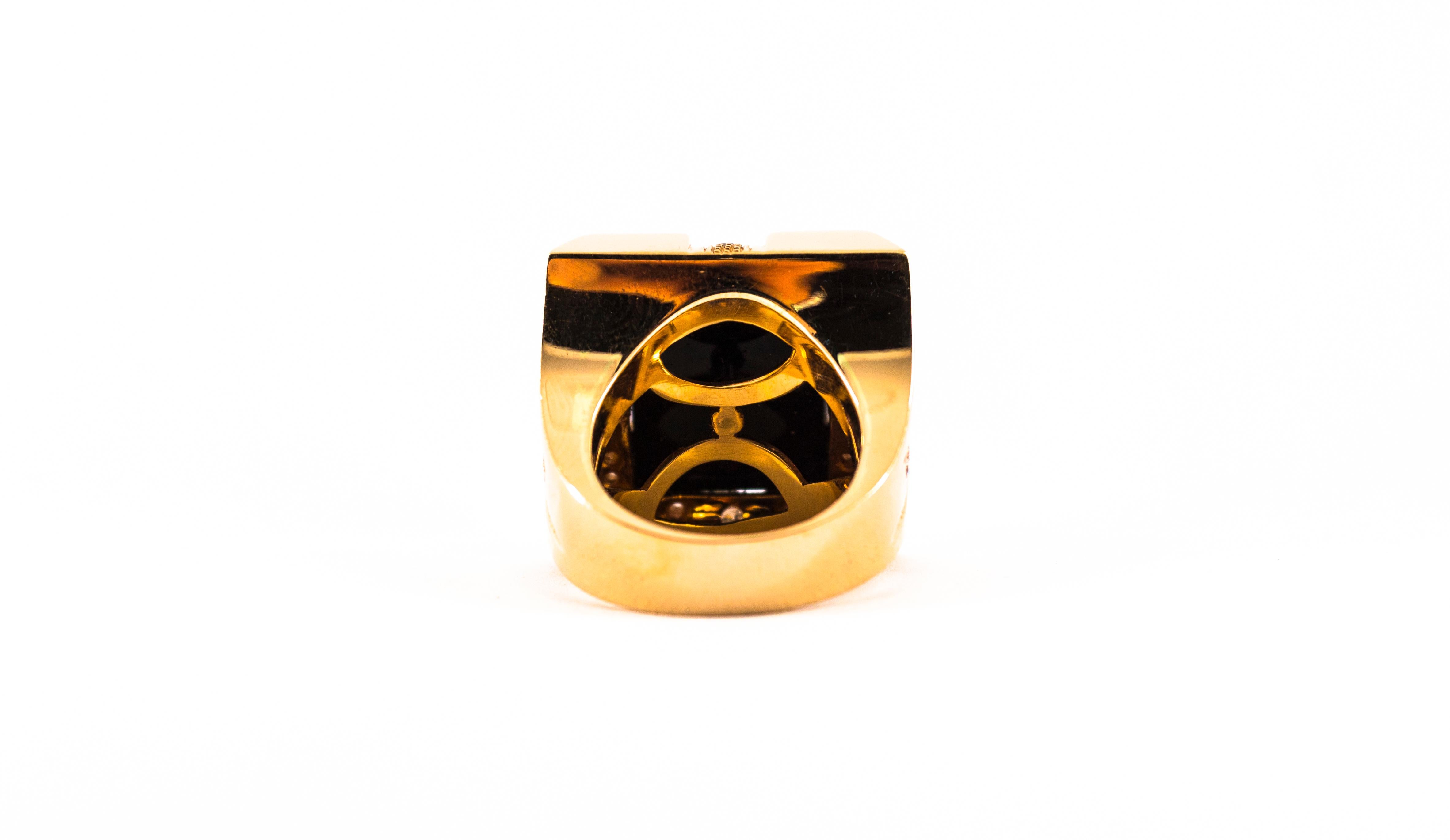 Cocktailring im Art déco-Stil mit mediterraner roter Koralle und Onyx in Gelbgold 8
