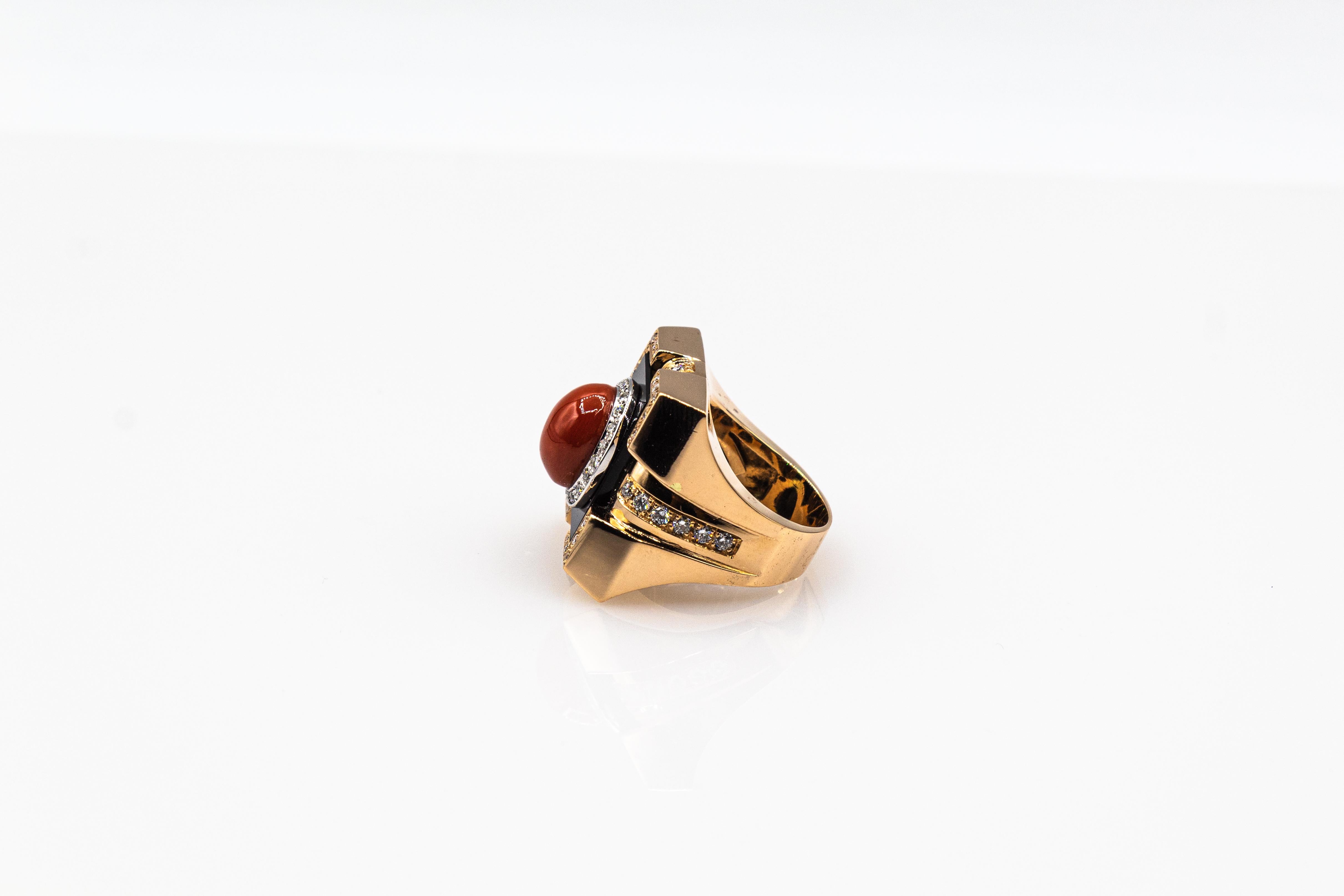Art Deco Style Diamond Mediterranean Red Coral Onyx Yellow Gold Cocktail Ring For Sale 6