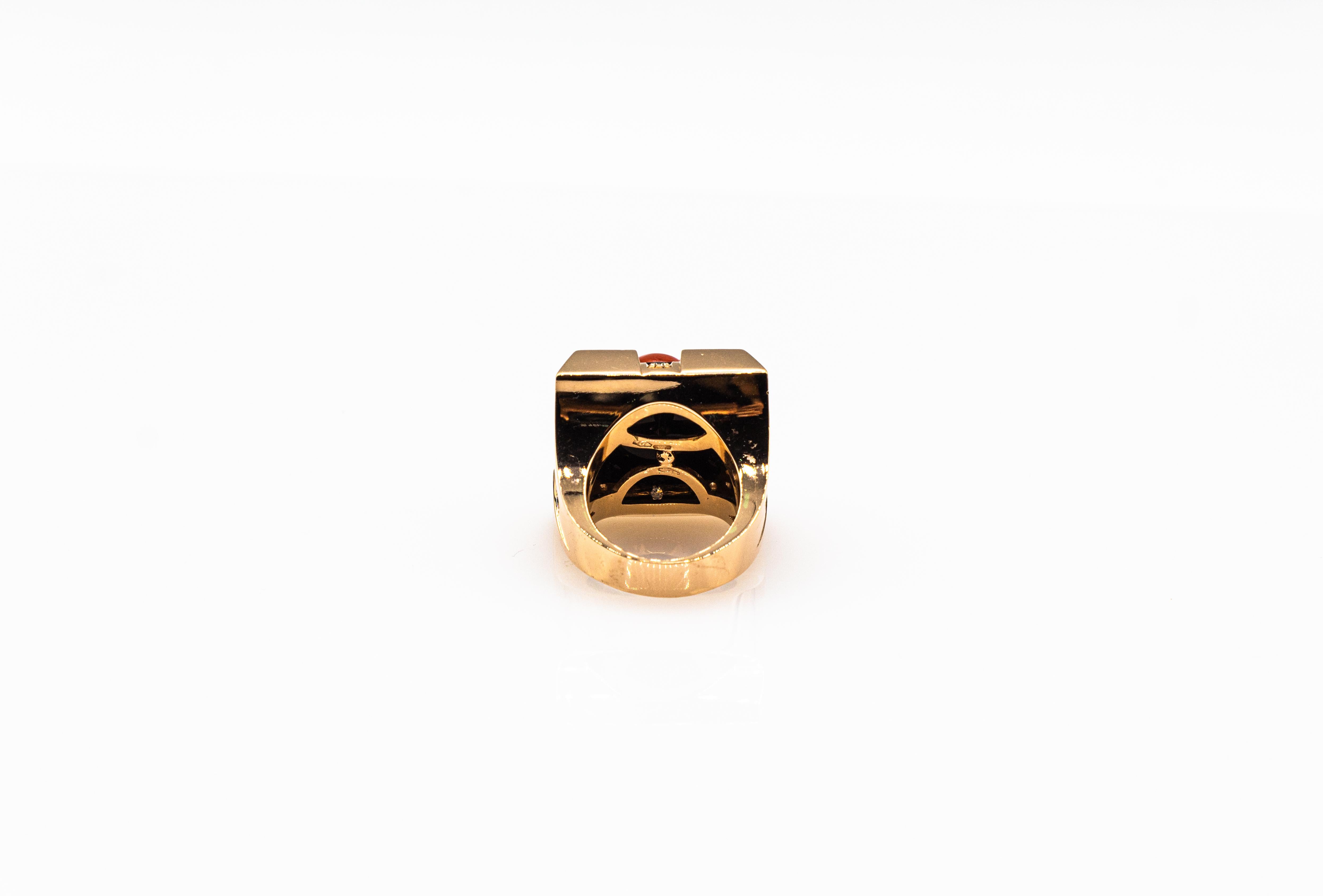 Art Deco Style Diamond Mediterranean Red Coral Onyx Yellow Gold Cocktail Ring For Sale 7