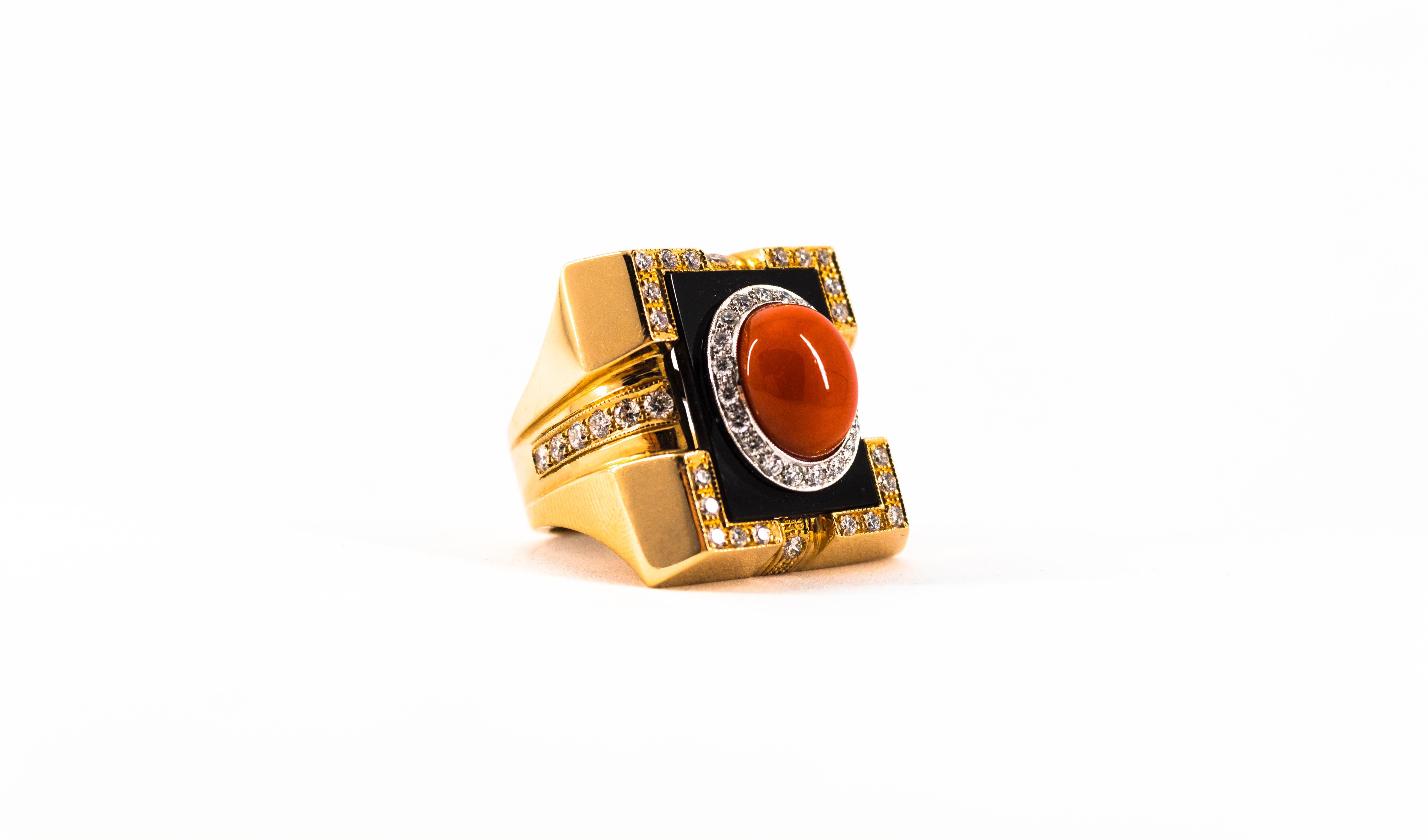 Cocktailring im Art déco-Stil mit mediterraner roter Koralle und Onyx in Gelbgold 10