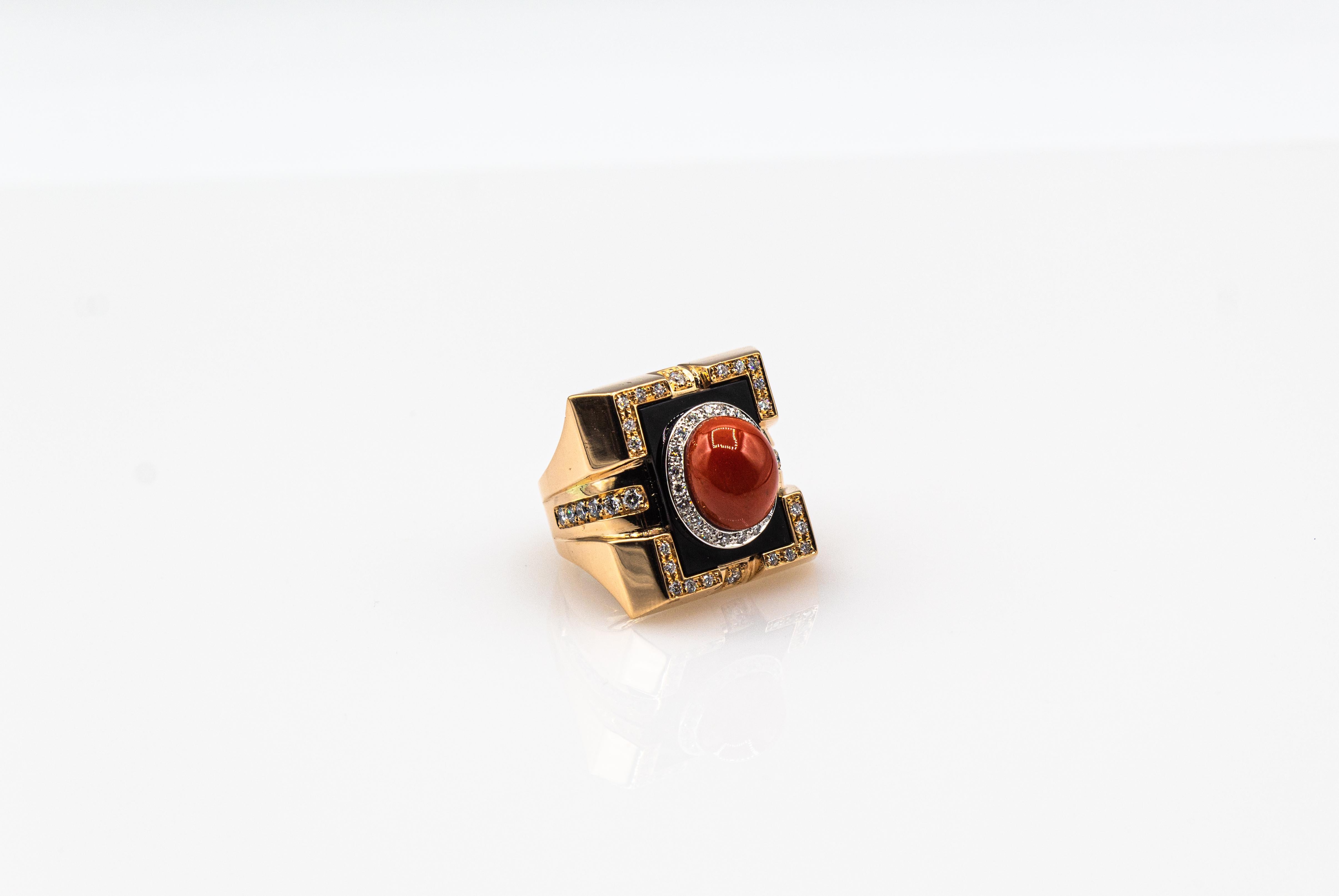Art Deco Style Diamond Mediterranean Red Coral Onyx Yellow Gold Cocktail Ring For Sale 8