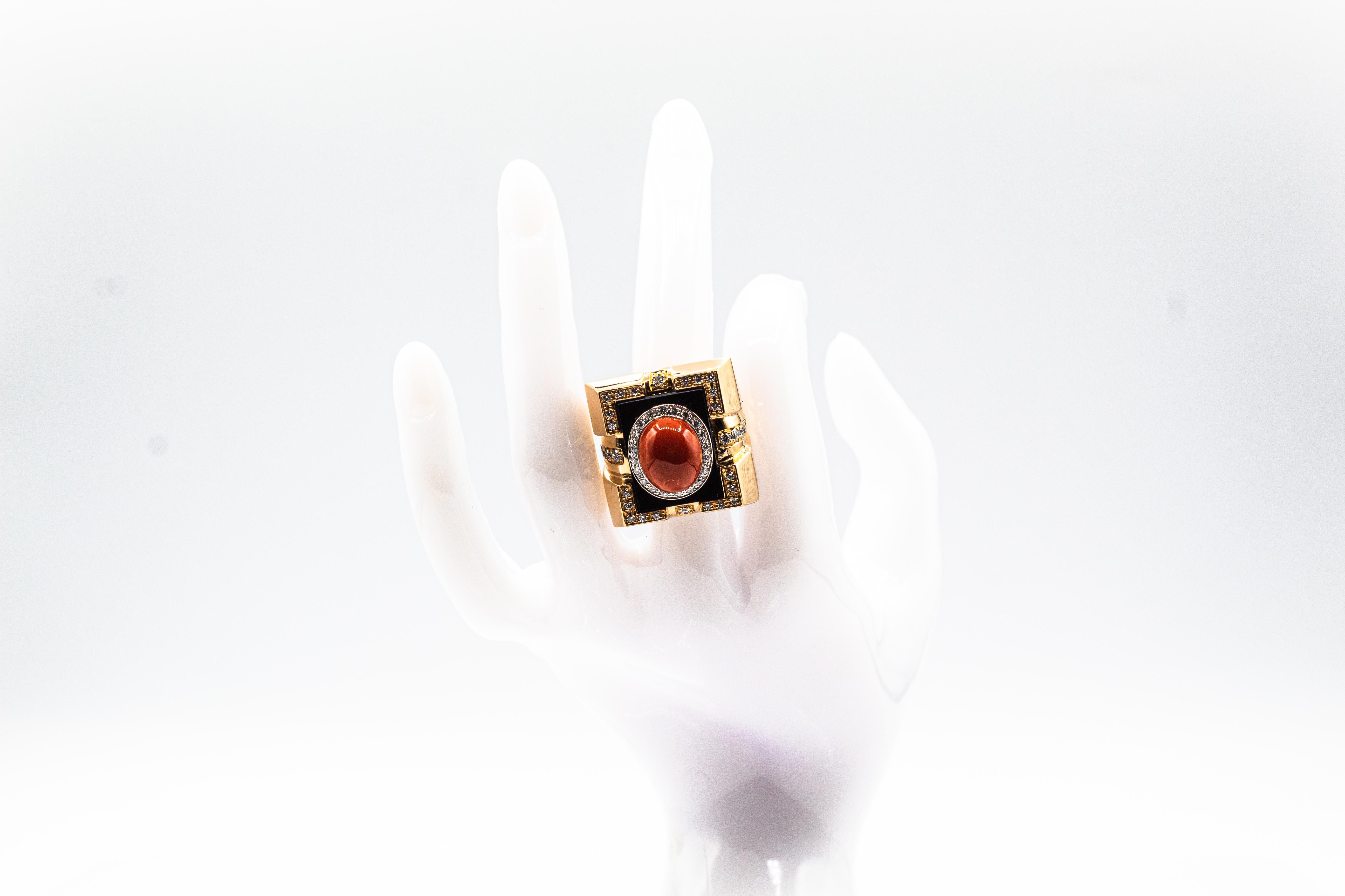 Art Deco Style Diamond Mediterranean Red Coral Onyx Yellow Gold Cocktail Ring For Sale 9