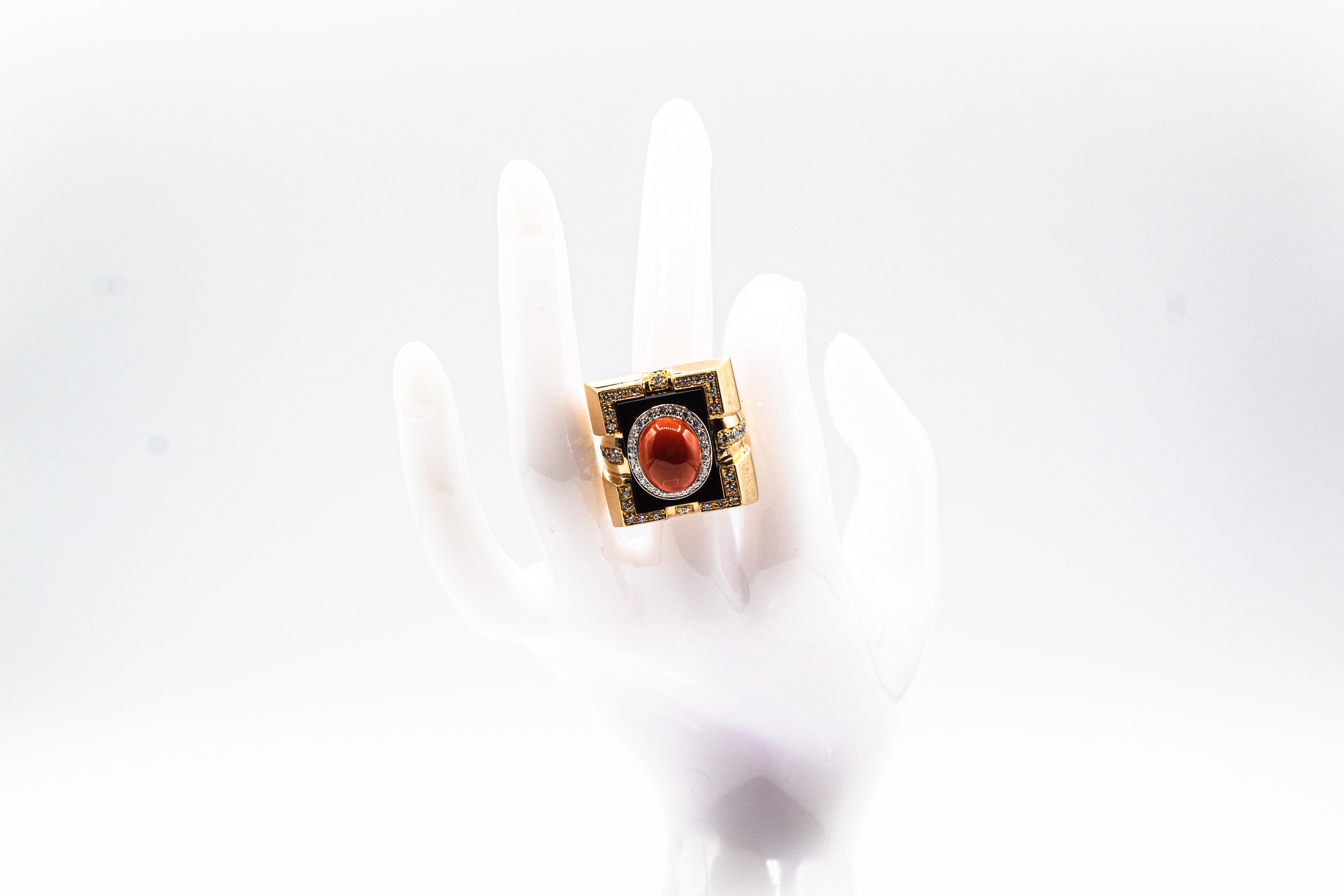 Art Deco Style Diamond Mediterranean Red Coral Onyx Yellow Gold Cocktail Ring 11