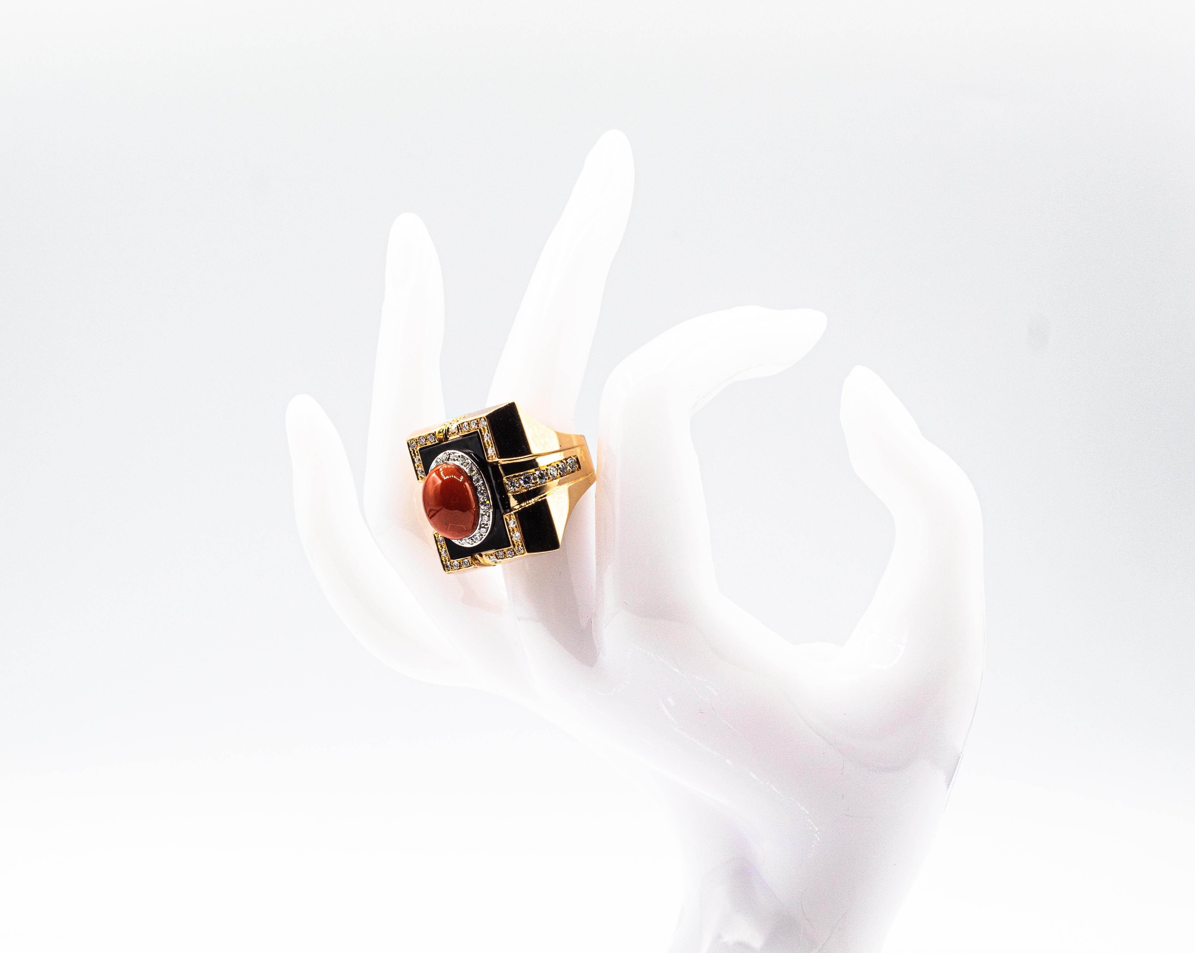 Art Deco Style Diamond Mediterranean Red Coral Onyx Yellow Gold Cocktail Ring 12