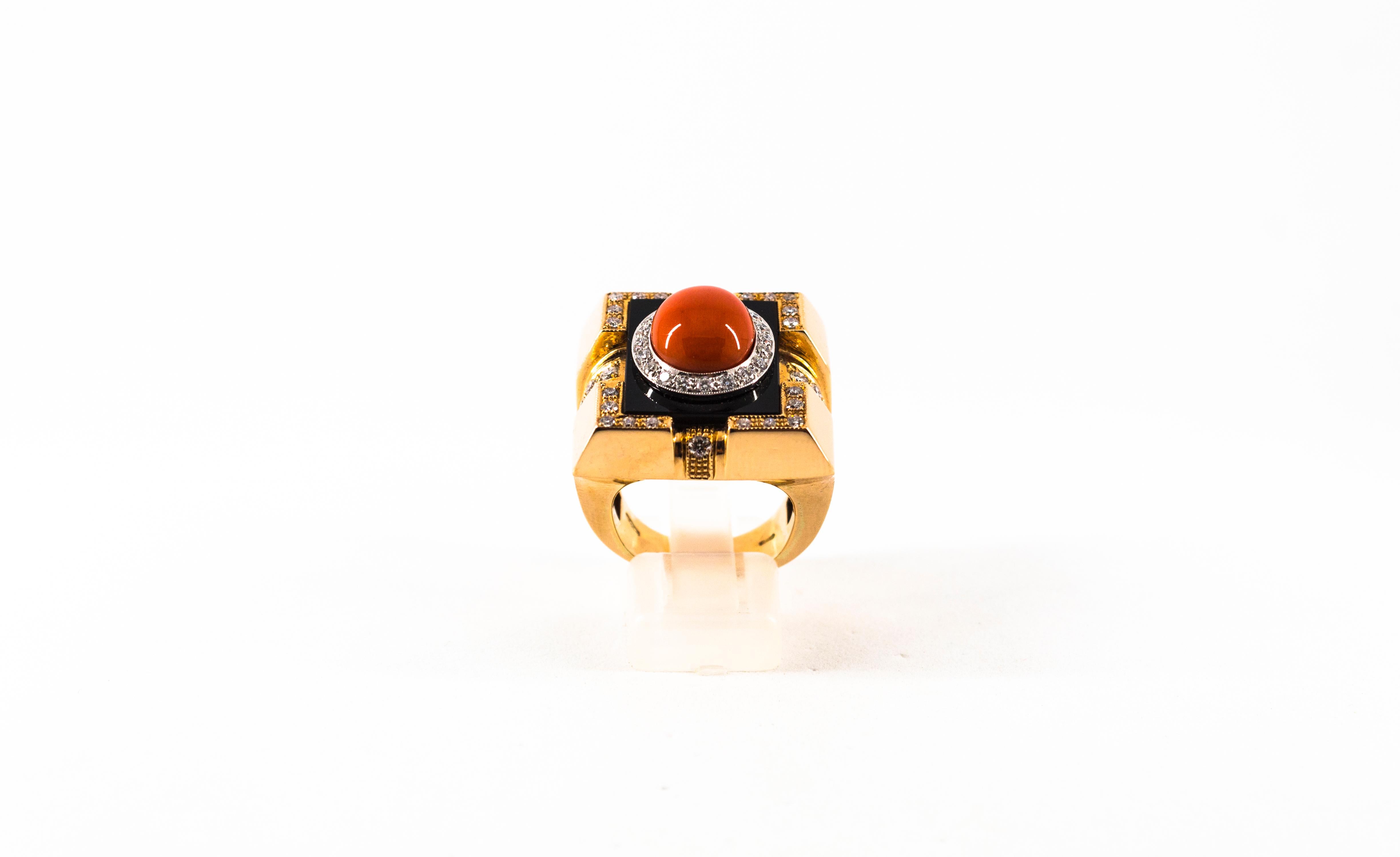 Cocktailring im Art déco-Stil mit mediterraner roter Koralle und Onyx in Gelbgold (Brillantschliff)